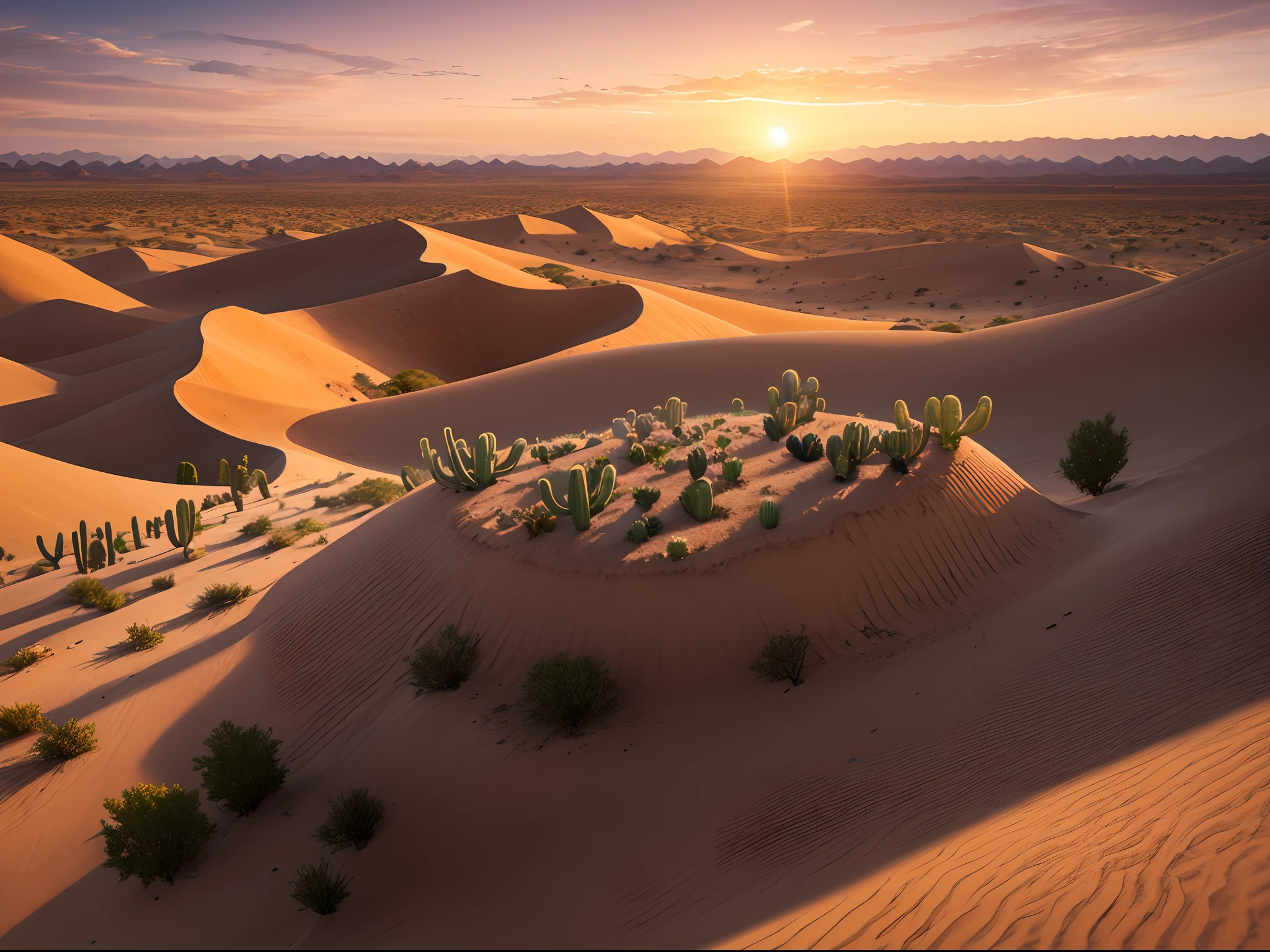 "Generate an awe-inspiring desert landscape featuring a decaying carcass as the central focus, surrounded by a captivating arrangement of 5 majestic buzzards. Enhance the setting with a prominent presence of cacti (x3), towering sand dunes, and a breathtaking sunset."