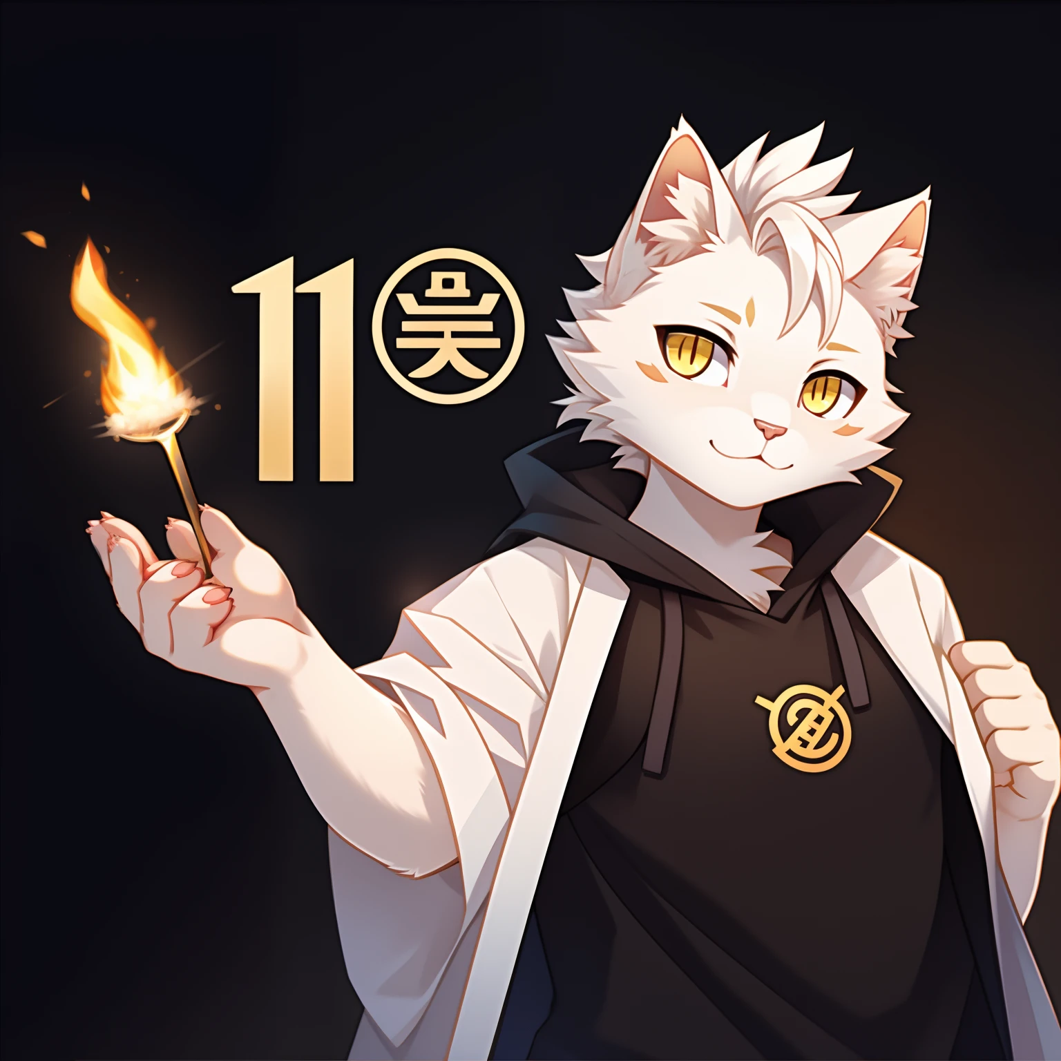 There is a little white kitten holding a golden logo,Face the screen with a cute expression,Yellow eyes,White cat cat paw meat pad