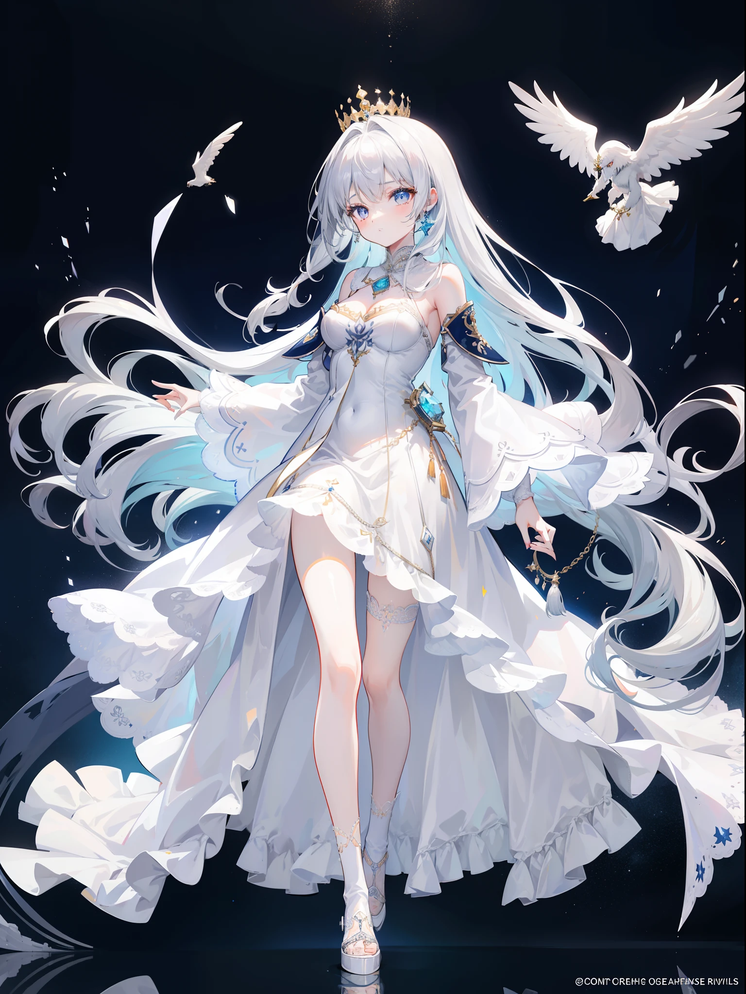 1girl, 164 cm height, tall girl, charismatic, 18 years old, navy colored hair, very long hair, pretty, white silver eyes, glowing eyes, white long bride clothes, long clothes, longs skirt ,diamond pendant, standing, light crown