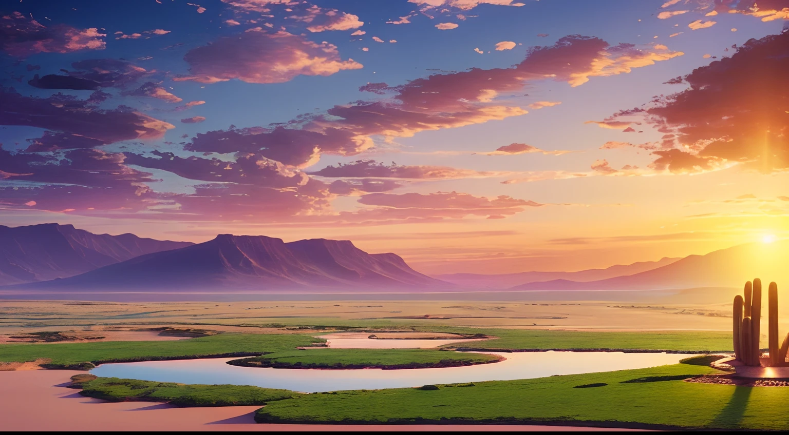 super wide shot，Vast desert，A legendary desert oasis，Sunset，Heart-shaped lake，(zoomout:1.2)，(Greenery:1.2)，The fountain，Surrealist landscape style，national geographicphoto，Hasselblad high detail，cinmatic lighting，reflective light，atmosphric perspective，in a panoramic view，f / 4.0，Nikon，hyper HD，Hyper-detailing，best qualtiy，8K，Fantastic design, Best quality, Very detailed, Masterpiece, movie light effect, 8K，epic fantasy digital art，Epic fantasy art style, high definition resolution，Detailed detail drawing，Photorealistic，Super realistic