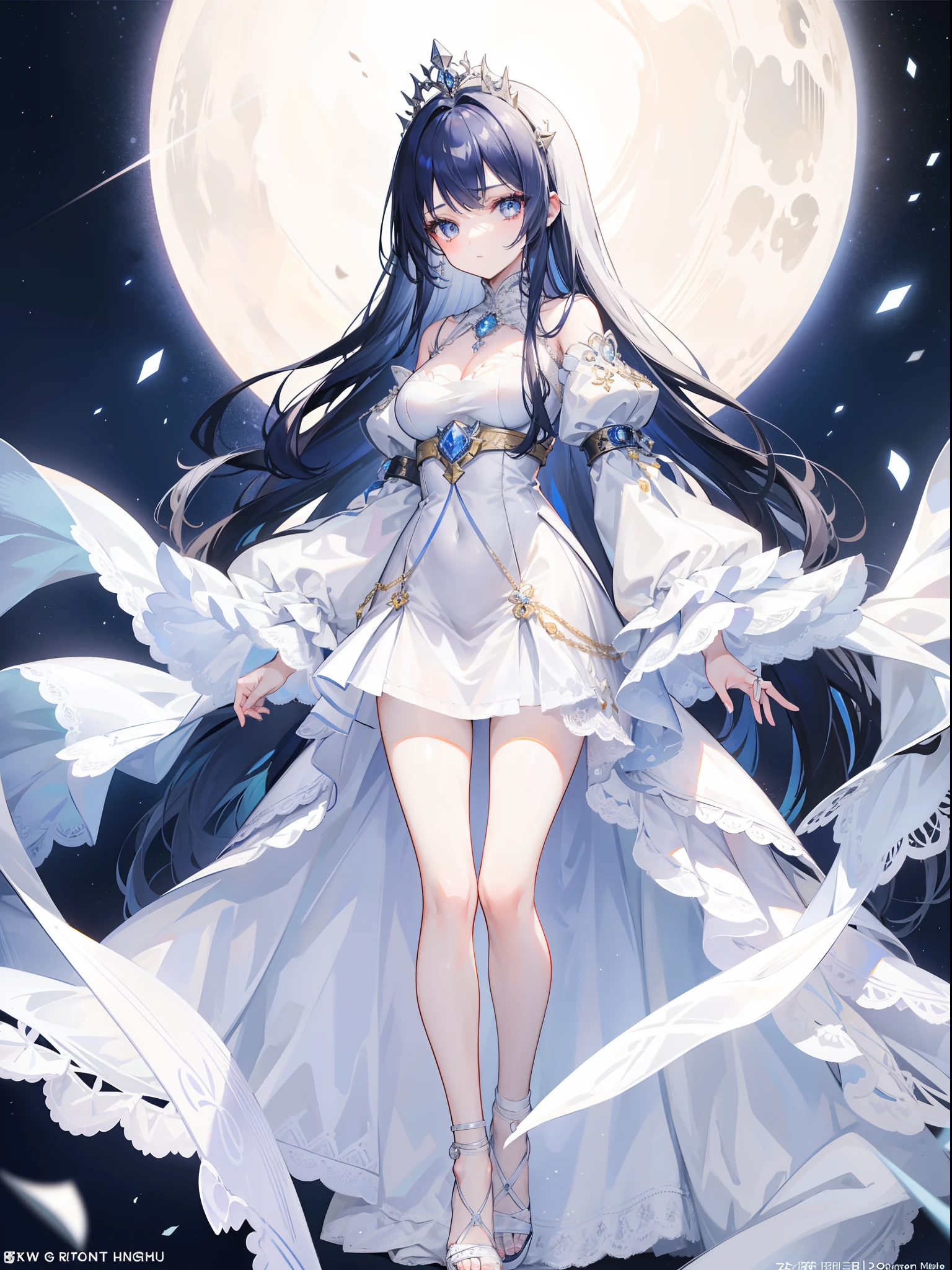 1girl, 164 cm height, tall girl, charismatic, 18 years old, navy colored hair, very long hair, pretty, white silver eyes, glowing eyes, white long bride clothes, long clothes, longs skirt ,diamond pendant, standing, light crown