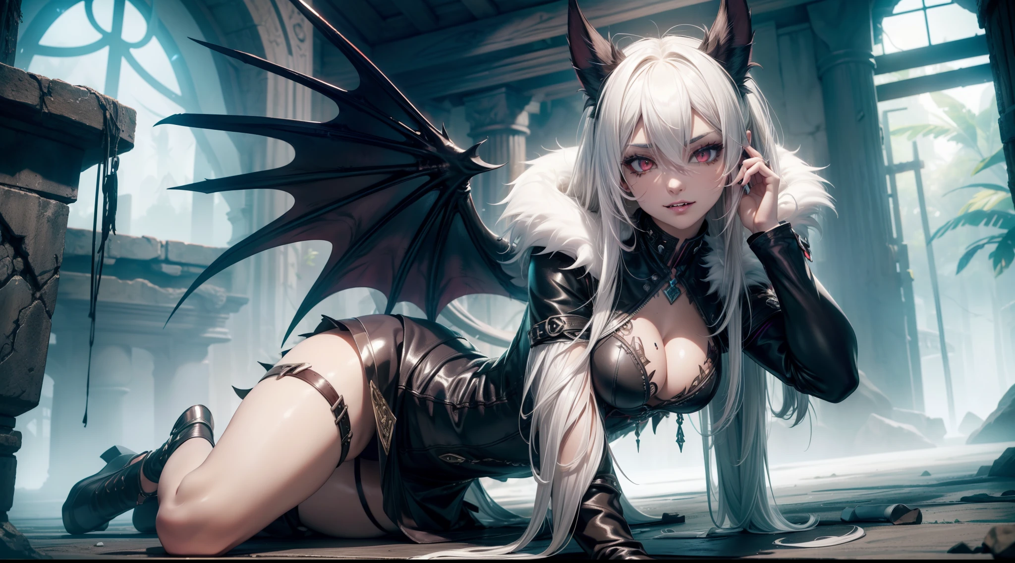 realistic photo of slaved (savage, tribal, jungle)_vampire with (white hair), bat fur, coat|wings, ((fangs)), colorful extremely_detailed_(tribal, jungle)_tight_(lacy, leather, fur, silk, satin, latex)_(clothing, skirt), high collar, detailed face, detailed beautiful shiny red eyes, slit pupils, (((seductive laying))), metallic reflections, ((tatooed, marked)_with_shining_runes)_fit_muscular_body, shiny skin, tropical city ruins fog, (((1girl))), portrait, (full body), natural breasts, medium length white hair, masterpiece, best quality, beautiful and aesthetic:1.2, fractal art:1.4, 16K, HDR, RTX, Ray Tracing, Radiosity, Anisotropic Filtering, Subsurface Scattering