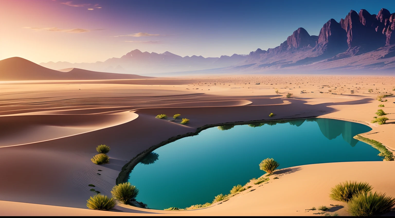 super wide shot，Vast desert，A legendary desert oasis，Sunset，Heart-shaped lake，(zoomout:1.2)，(Greenery:1.2)，The fountain，Surrealist landscape style，national geographicphoto，Hasselblad high detail，cinmatic lighting，reflective light，atmosphric perspective，in a panoramic view，f / 4.0，Nikon，hyper HD，Hyper-detailing，best qualtiy，8K，Fantastic design, Best quality, Very detailed, Masterpiece, movie light effect, 8K，epic fantasy digital art，Epic fantasy art style, high definition resolution，Detailed detail drawing，Photorealistic，Super realistic