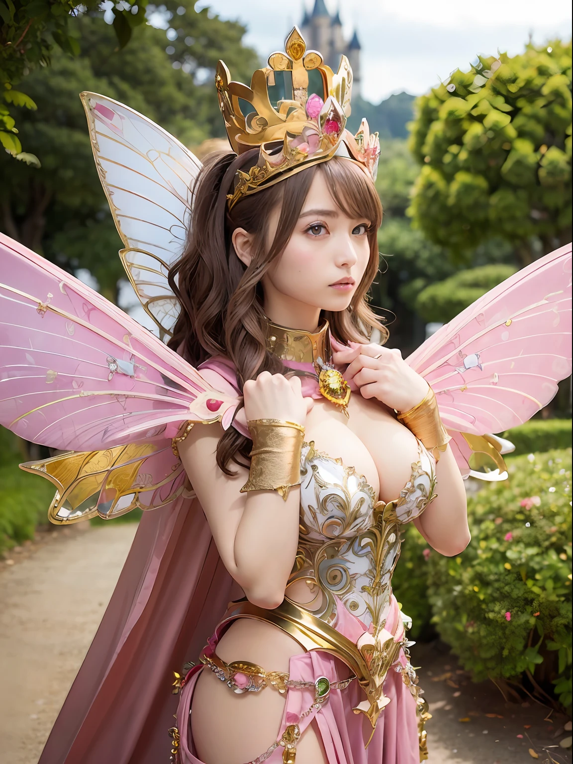 (masutepiece), Professional , masterpiece、top-quality、photos realistic , depth of fields (Gemstone Silver Metal Body:1.9),(Matte Pink、Jewel Gold Weapon、(Gorgeous castle background)、(ultimate beauty girl)、(Fairy wings grow on her back)、(Jewel Metal Body:1.9),Gorgeous Jewel Metal Weapons , Detailed Sword of the Brave ,( a blond) ,warhammer 40k , adepta sororitas,Detail and ornate jewel crown、独奏、Brown hair、(Gangle's forest background)、Beautiful Caucasian beauty、1a person、dynamic ungle,(((Diamond tiara with detail and luxury)))、a small face、Powerful poses、(Gorgeous castle background)、huge filesize、20 year old beautiful woman、Stand in the center of the screen、Thin female fingers、Straight long hair、Beautiful Caucasian beauty、cleavage of the breast、the wind、