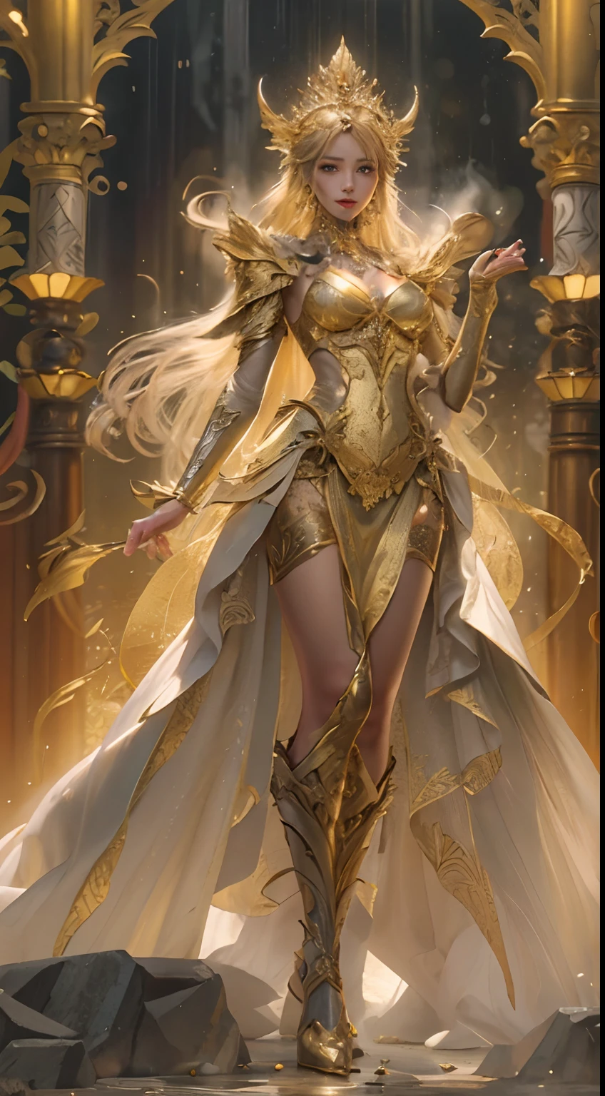 Woman in a golden dress, True Art Station, Rainstorm site, detailed fantasy art, Stunning character art, Beautiful and exquisite character art, Beautiful golden armor, Extremely detailed, Girl in shiny armor, Exquisite tiaras and jewelry, Full body capture,