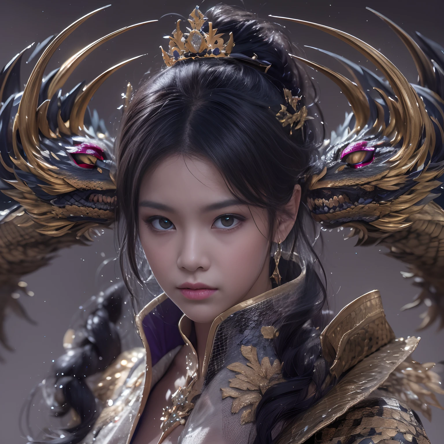 32K（tmasterpiece，k hd，hyper HD，16k）Purple-pink flowing short hair，Outdoor pond，Black burgundian hair girl ，Golden Dragon Protector （realisticlying：1.4），Python robe，Purple-pink tiara，Snowflakes fluttering，The background is pure， A high resolution， the detail， RAW photogr， Sharp Re， Nikon D850 Film Stock Photo by Jefferies Lee 4 Kodak Portra 400 Camera F1.6 shots, Rich colors, ultra-realistic vivid textures, Dramatic lighting, Unreal Engine Art Station Trend, cinestir 800，Close-up of the side of the half