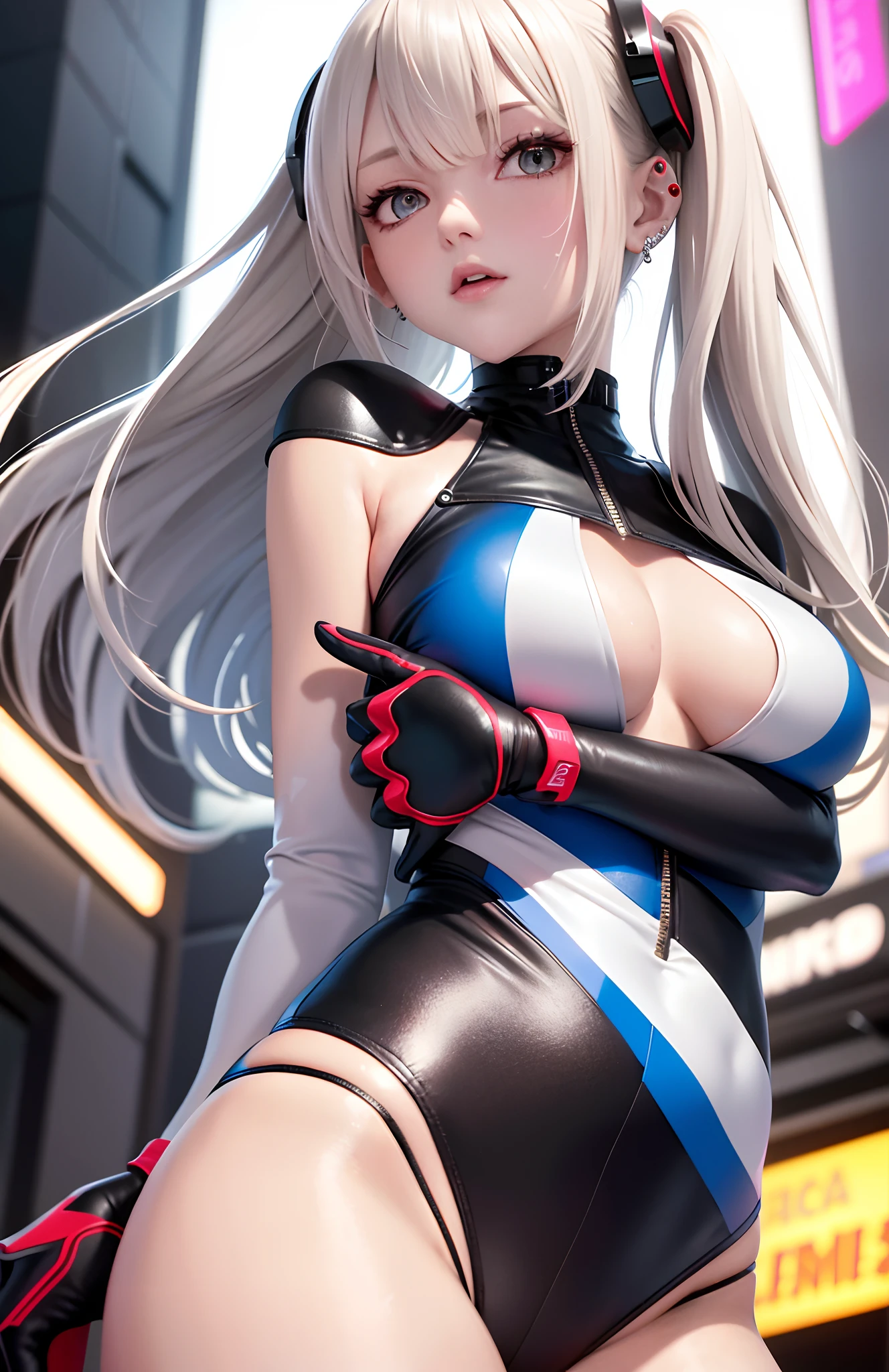 optimum,tmasterpiece,A high resolution,best qualtiy,hyper HD,super detailing,Award-Awarded,16k,独奏,(The upper part of the body),anatomy correct,Beautiful cyberpunk girl,cute face,,Gradient Beige Hair,Hairline,((Scarlet eyes)),long eyelasher,Hanging eye corners,White skin of the,(small boobs),(Slim body),((Women's extra short shawl leather jacket)),((racing_suit)),ear studs,(neck rings),(Laser material clothing:1.2)