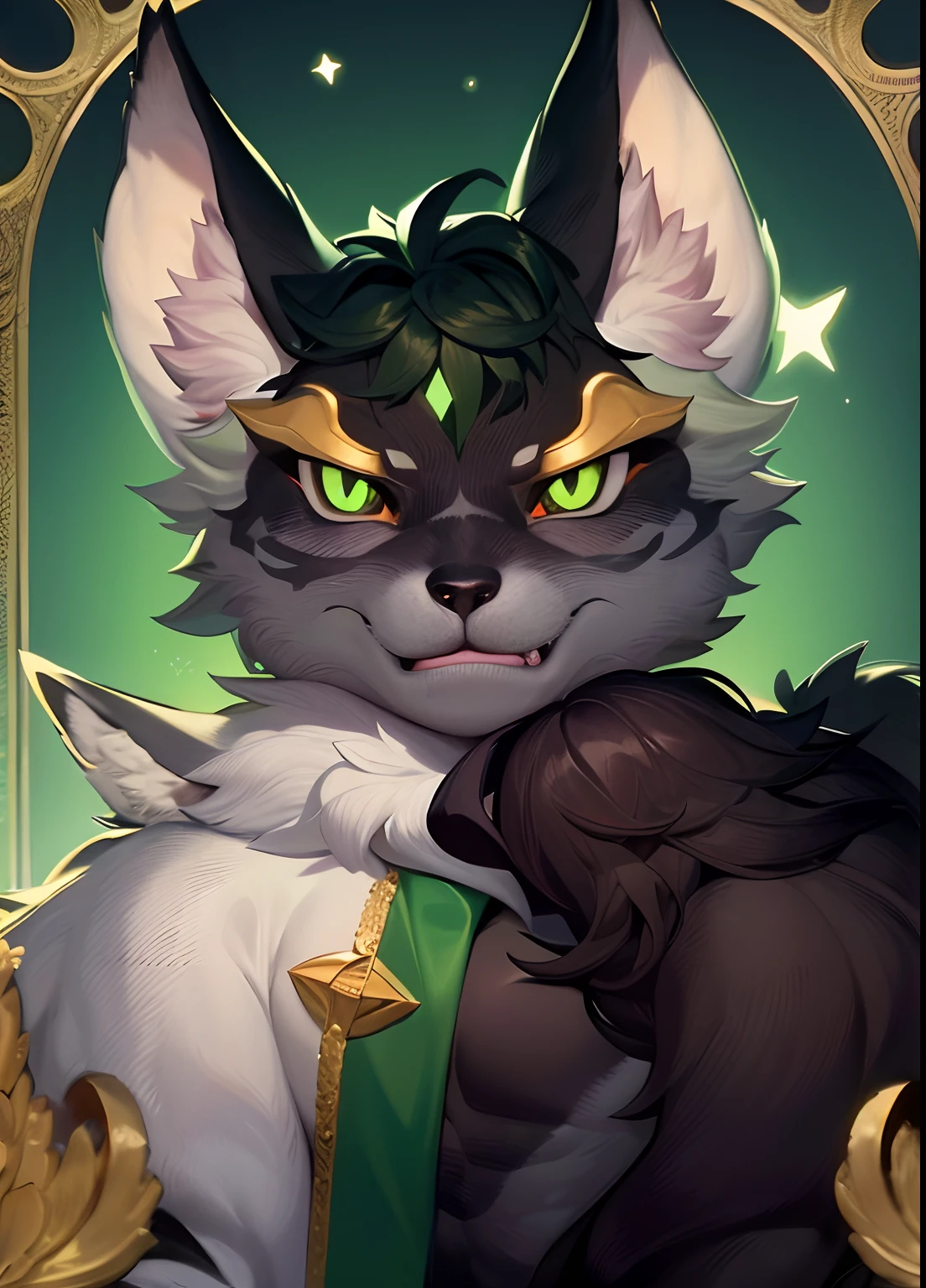 Black hair,There are green sideburns on the hair,white chest fur,Black fur,Green paws,greene eyes,There is a green angular pattern around the eyes,The height is about one meter six seven,eventide,hilltop,Beast too,Wolf ears,critters,coyote,Purple eyes,Green pattern