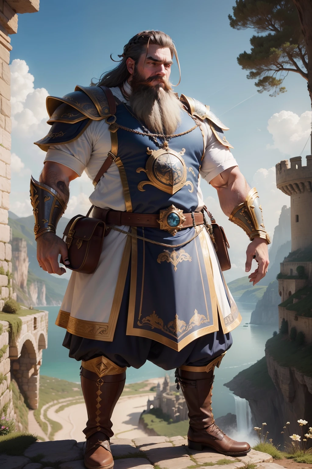 Dwarf, armadura dourada, escudos de torre, decorado com uma barba frisada, cachos longos em cascata, gordo, realistic depiction, 4k resolution. Background Story: Paisagem de castelo, roupas da realeza, UHD 32k, melhor qualidade, master part, super detalhe, detalhes altos, mais roupas, 1,30m altura, braided beard, roupa branca, mais roupa, castelo, fantasia, armadura dourada.
