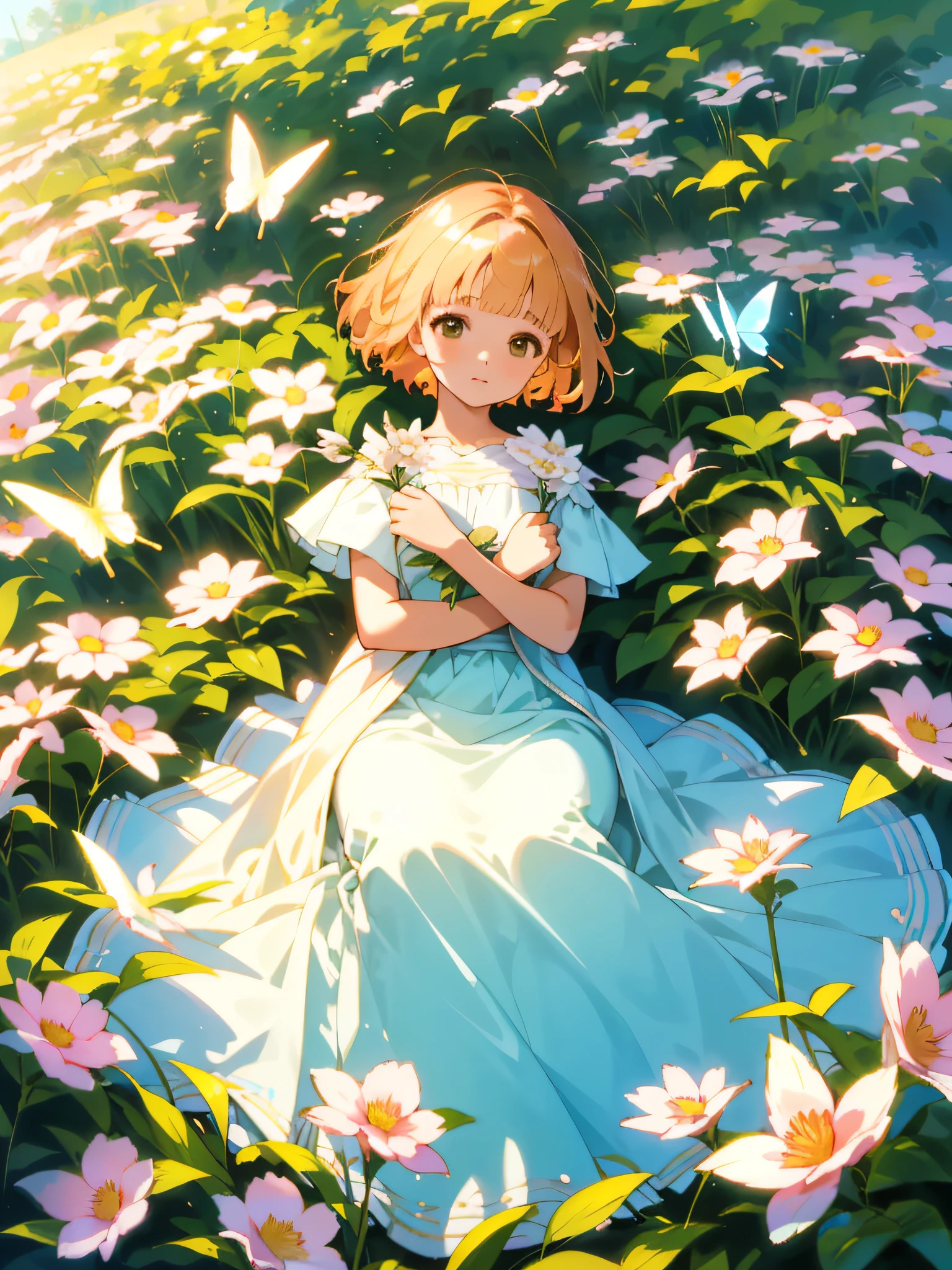 A beautiful and delicate girl with Kai's beloved portrait, Short hair like a boy, Bright clothes,light colors hair, (Highest quality, Masterpiece, Super real), Soft and peaceful expression, The landscape in the background is a garden,Flowering bushes and butterflies fly around.