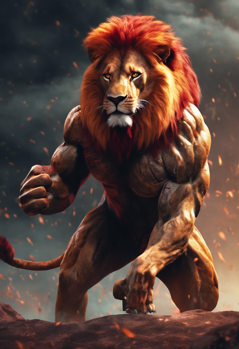 painting of a lion with one hand raised, boxing gloves and a red head, Lion Warrior, Fire Lion, in a fighting stance, 2d lion full body, strong and fierce, King of the jungle, fierce expression 4k, ready to fight, Lord of the Jungle, full art, fighting pose, Lion body, half lion, powerful warrior, intimidating stance