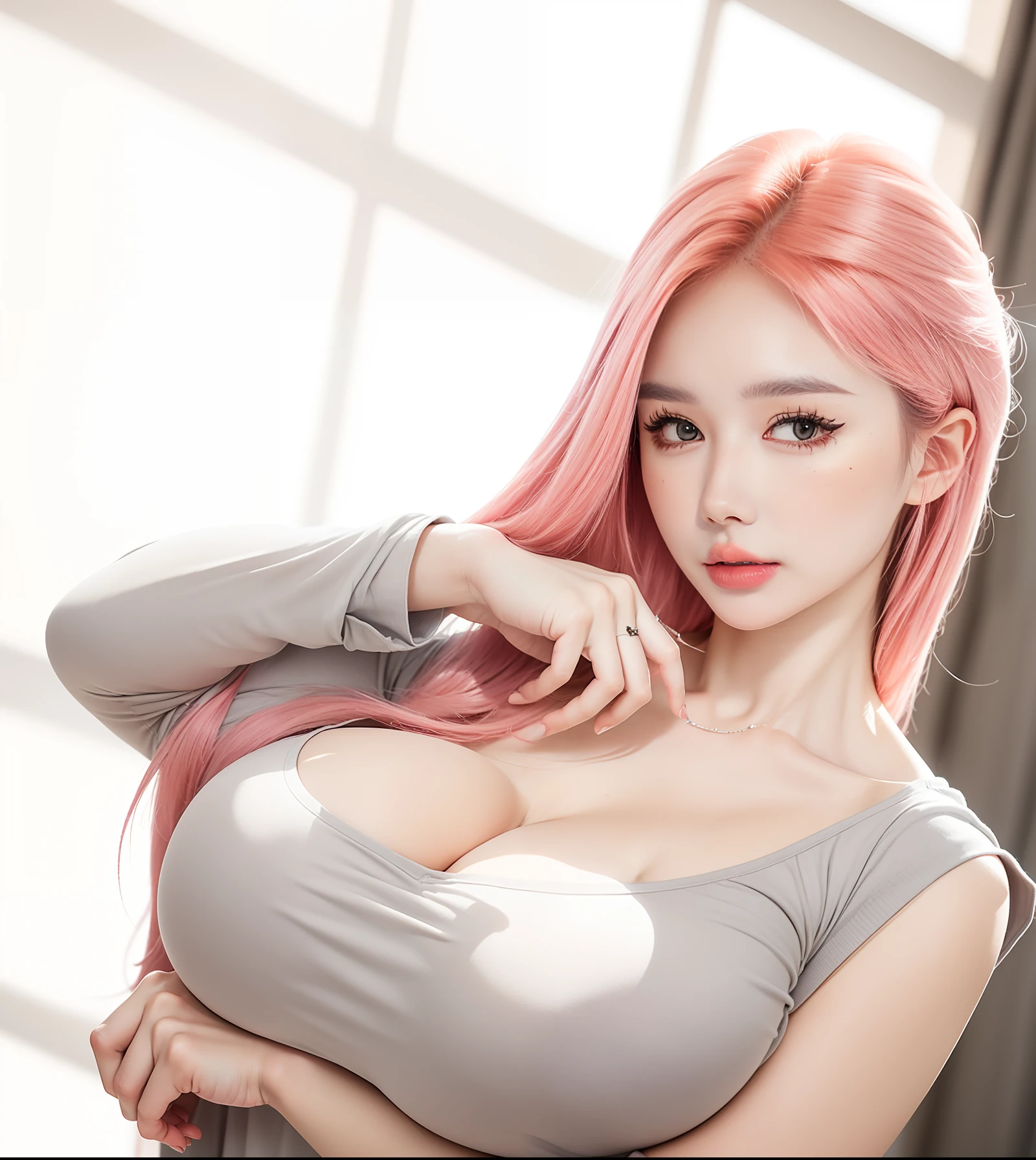 (8k, RAW photos, top quality, masterpiece: 1.2), (realistic, photorealistic: 1.37), (High Quality), (Ultra realistic), (High Details), (Face detail), (Shadow Detail), ((gigantic huge breasts: 1.9)), (big butt), 1 korea girl, pink hair, long, light grey long shirt