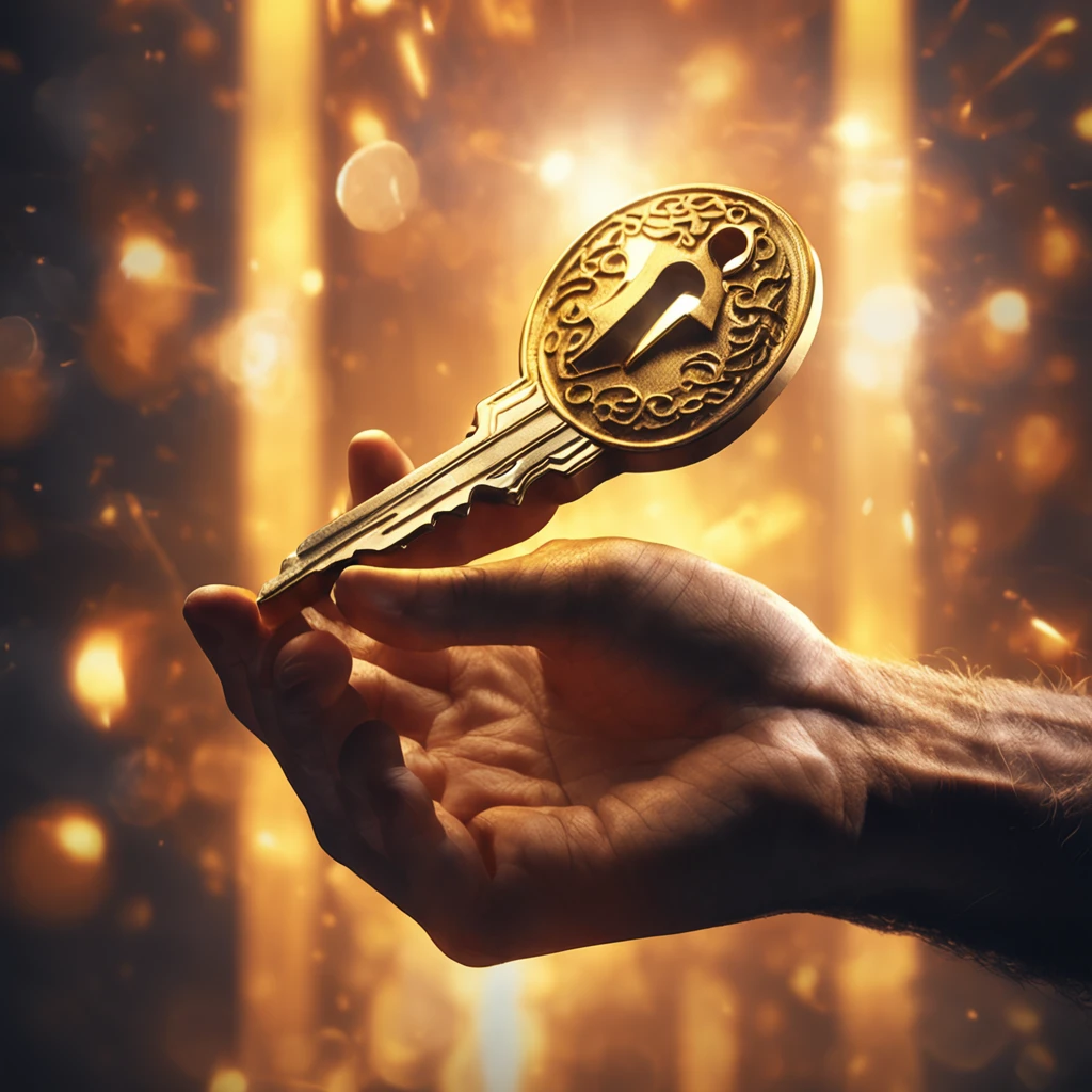A man's hand holding a shiny golden key, with rays of light around the key, fantasy, cinematic, realistic, mystical, CGI, special effects, super powers