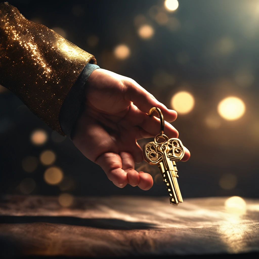 A man's hand holding a shiny golden key, with rays of light around the key, fantasy, cinematic, realistic, mystical, CGI, special effects, super powers