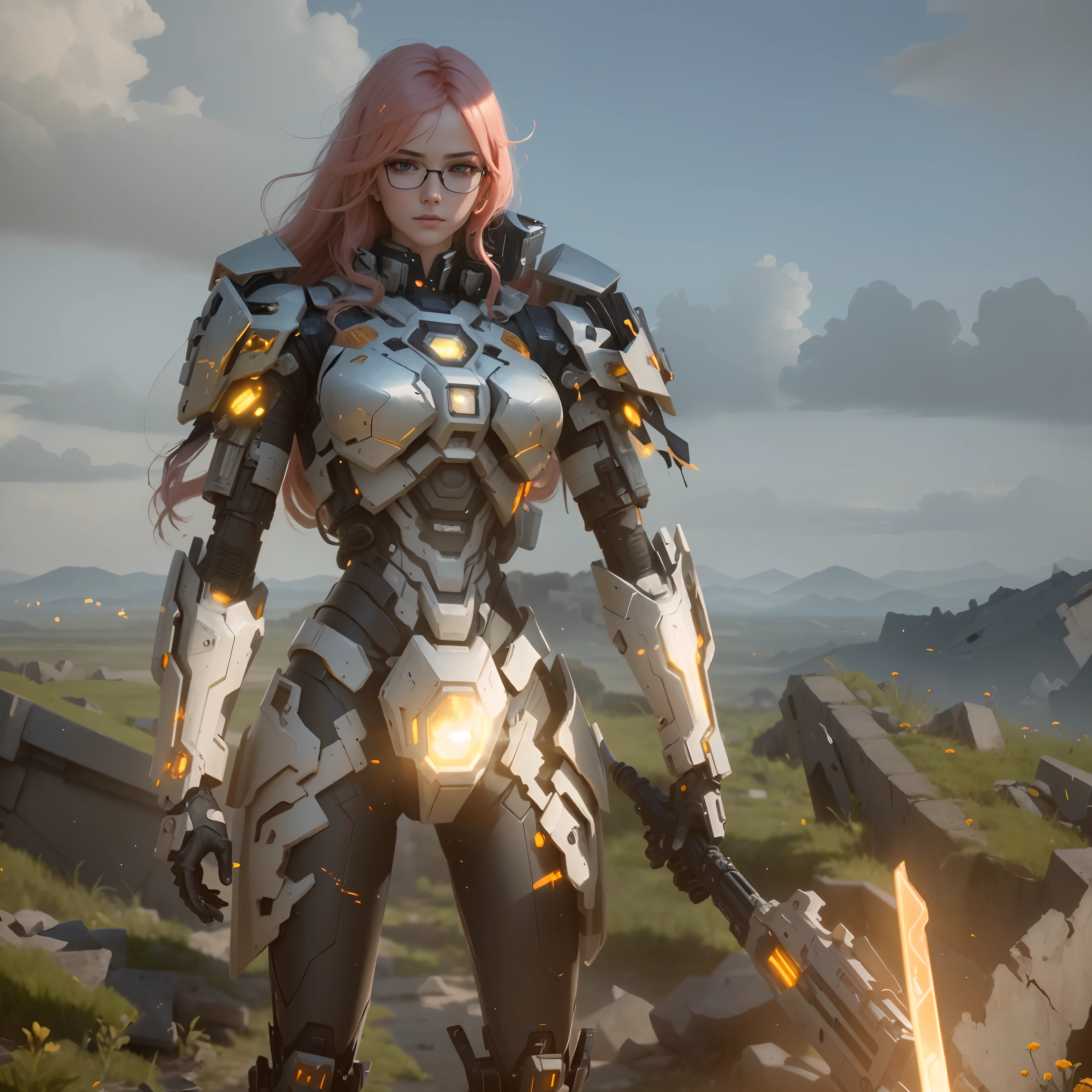 ((Best Quality)), ((Masterpiece)), (Very Detailed:1.3), 3D, Shitu-mecha, Beautiful cyberpunk woman with her pink mech in the ruins of a city in the forgotten war, Ancient technology, HDR (High Dynamic Range), ray tracing, NVIDIA RTX, super resolution, unreal 5, subsurface scattering, PBR texture, post-processing, anisotropic filtering, depth of field, maximum sharpness and sharpness, multi-layer texture, albedo and highlight maps, surface shading, Accurate simulation of light-material interactions, perfect proportions, octane rendering, duotone lighting, low ISO, white balance, rule of thirds, wide aperture, 8K RAW, efficient sub-pixels, subpixel convolution, luminescent particles, light scattering, Tyndall effect, wearing black glasses, right hand holding energy sword,long orange hair with red rose head band, detailed eyes