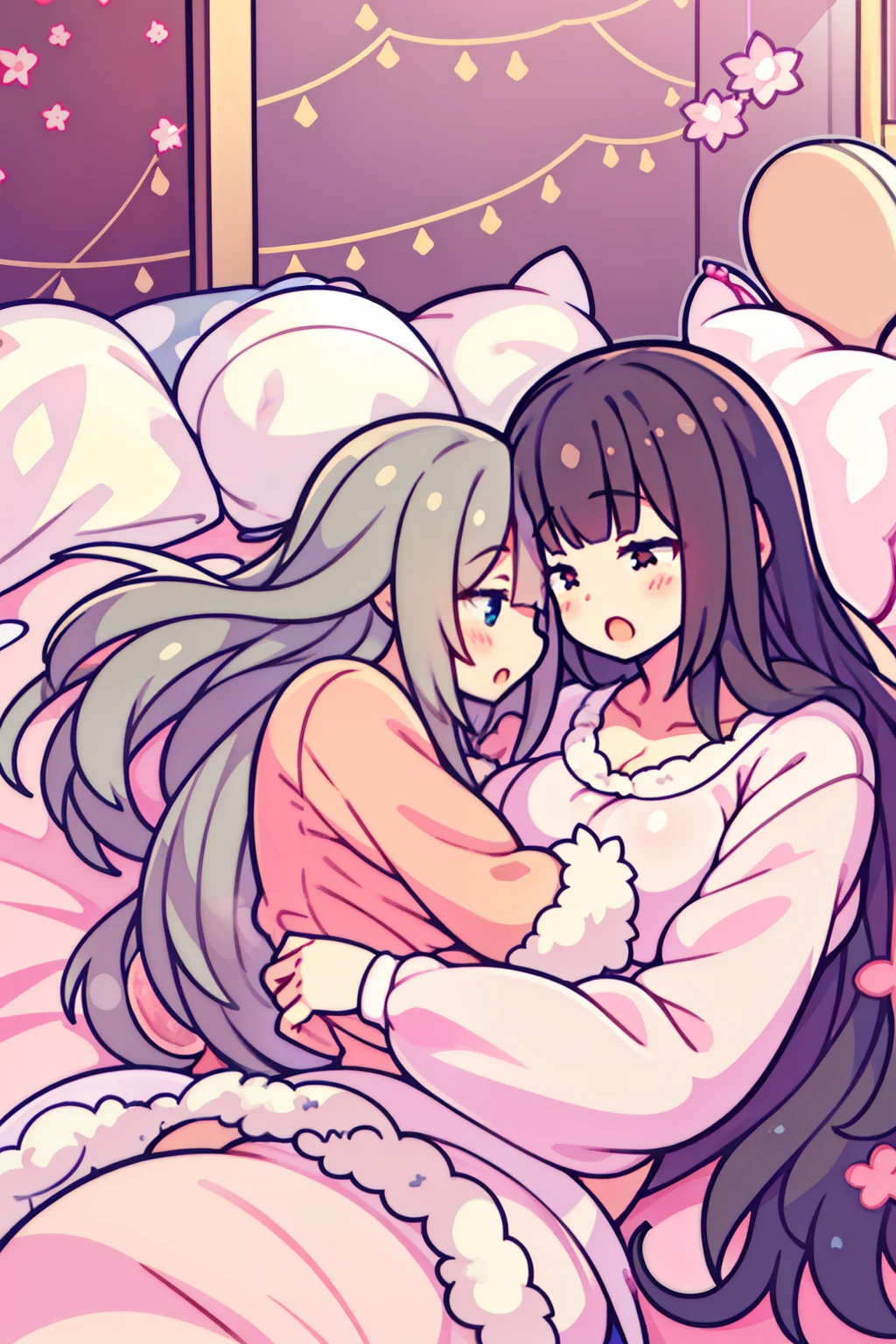 2girls,girl1:bbw、adolable,Black hair,Bob-cut hair,rcasual、Kisses and hugs、stare、lying on the bed、foxes、(French kiss)、body covered with fur,Nanachi、Girl 2:adolable,A pink-haired,Long grey hair,rcasual。Kisses and hugs、stare、NOWAI、foxes、lying on the bed、(French kiss)、body covered with fur,Nanachi