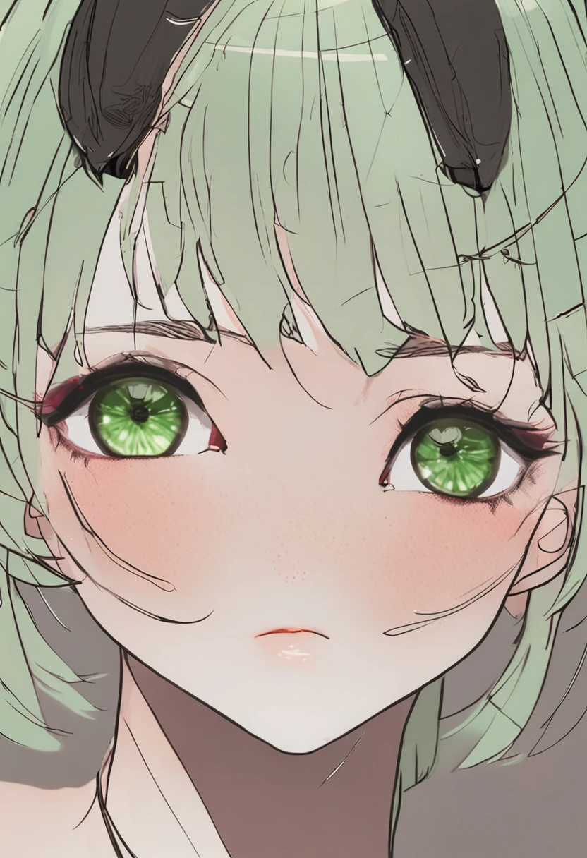 short green bob hair, (left eye red, right eye green), , big big eyes, mid teens fempresumed E cup boobs, pale skin, petite, white head, harem pants, loafers, strings, bare shoulders, see through blouse, indian style,