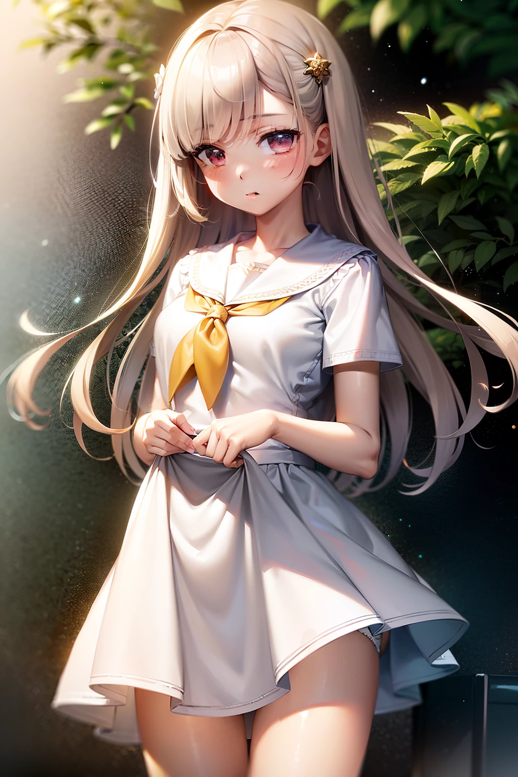(masterpiece:1.2), best quality, highres, original, extremely detailed wallpaper, perfect lighting,(extremely detailed CG:1.2), 1 trap wears {white|short- sleeved} sailor dress, solo, {close-up}, full-body, anime face, (is shy, blush), (lift the skirt:1.27), (detailed {white|tent} panties:1.3), looking at viewer, outdoor, game cg