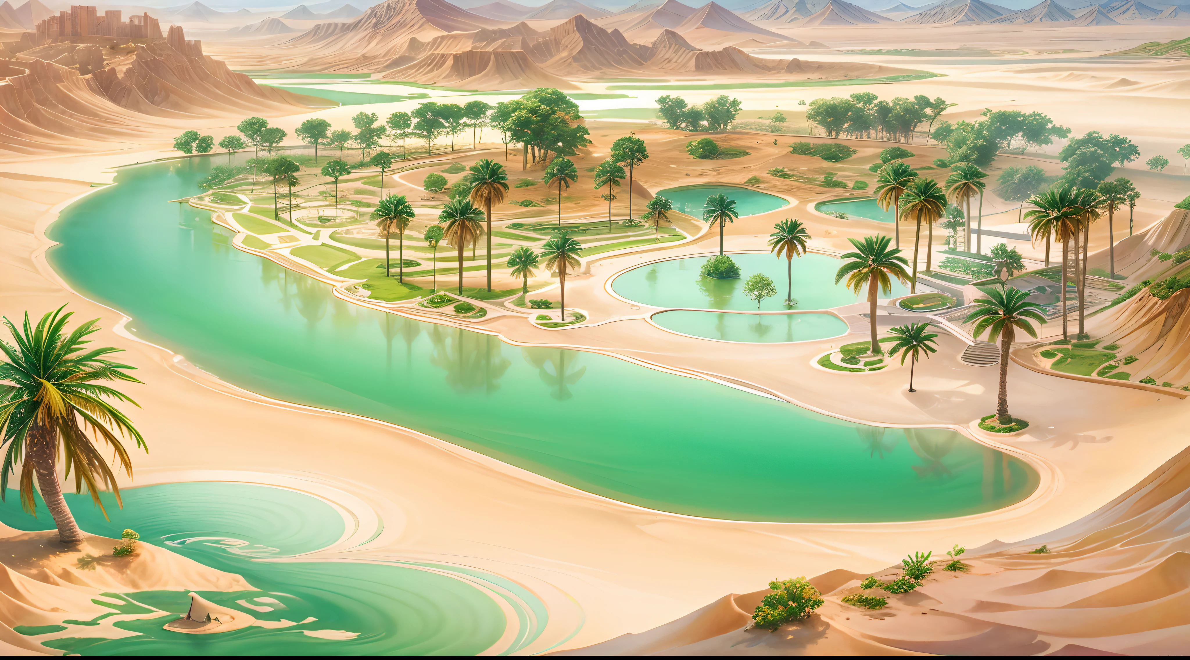 In the boundless sea of sand, an oasis emerges abruptly, with a lake at the center. Tall palm trees grow by the lake, fairies singing and dancing in their shade. Bird's eye view of the entire oasis, situated amidst vast desert. Fantastical pastel watercolor painting.