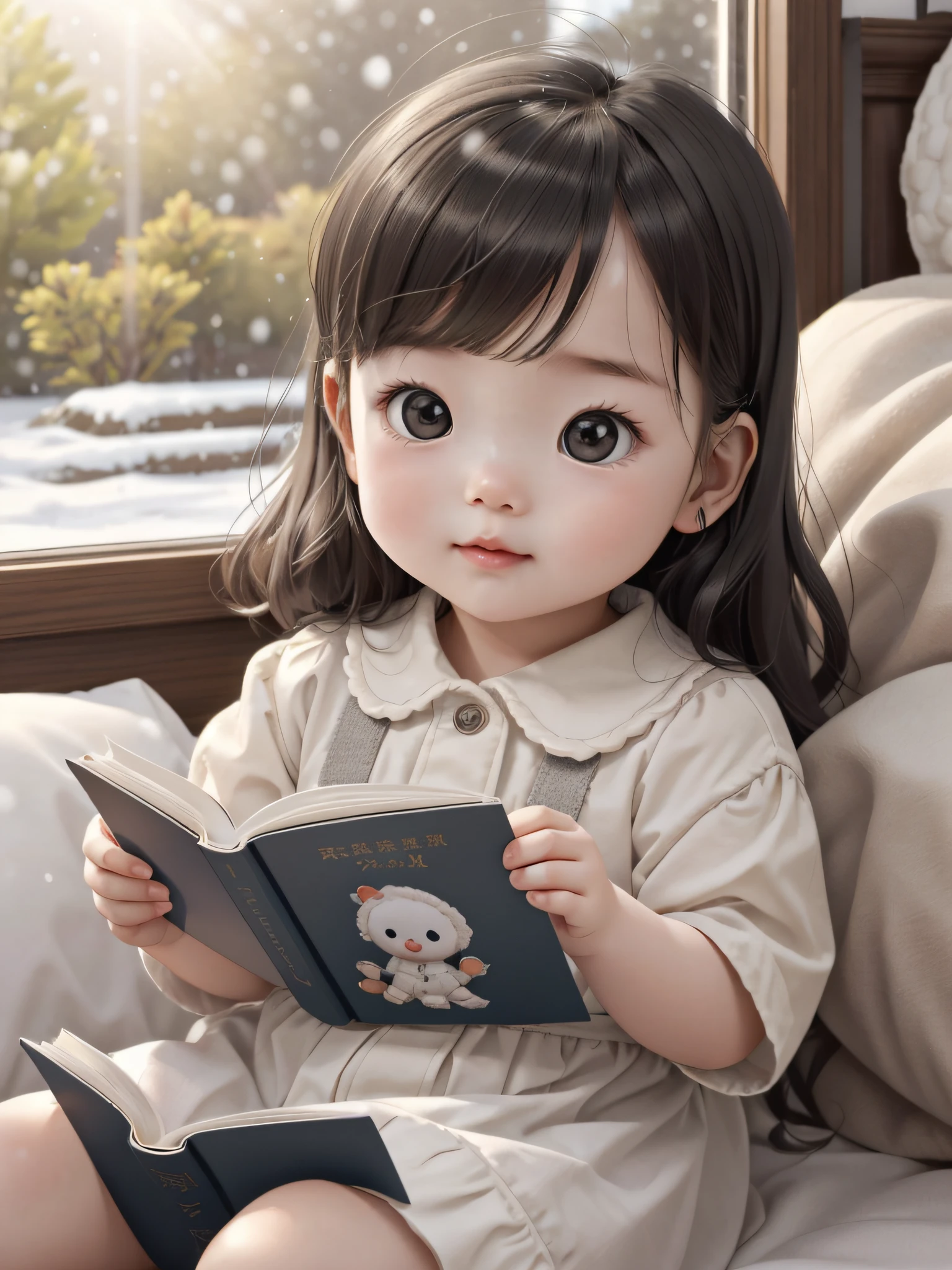 Best quality at best，1girll， a *********，Bright clothes，Reading a book ， adolable， C4D，This cute ********* appears on a young girl。Her face is petite and delicate，It reveals an atmosphere of youth and innocence。Her complexion was as white as snow，It appears pure and transparent in sunlight。