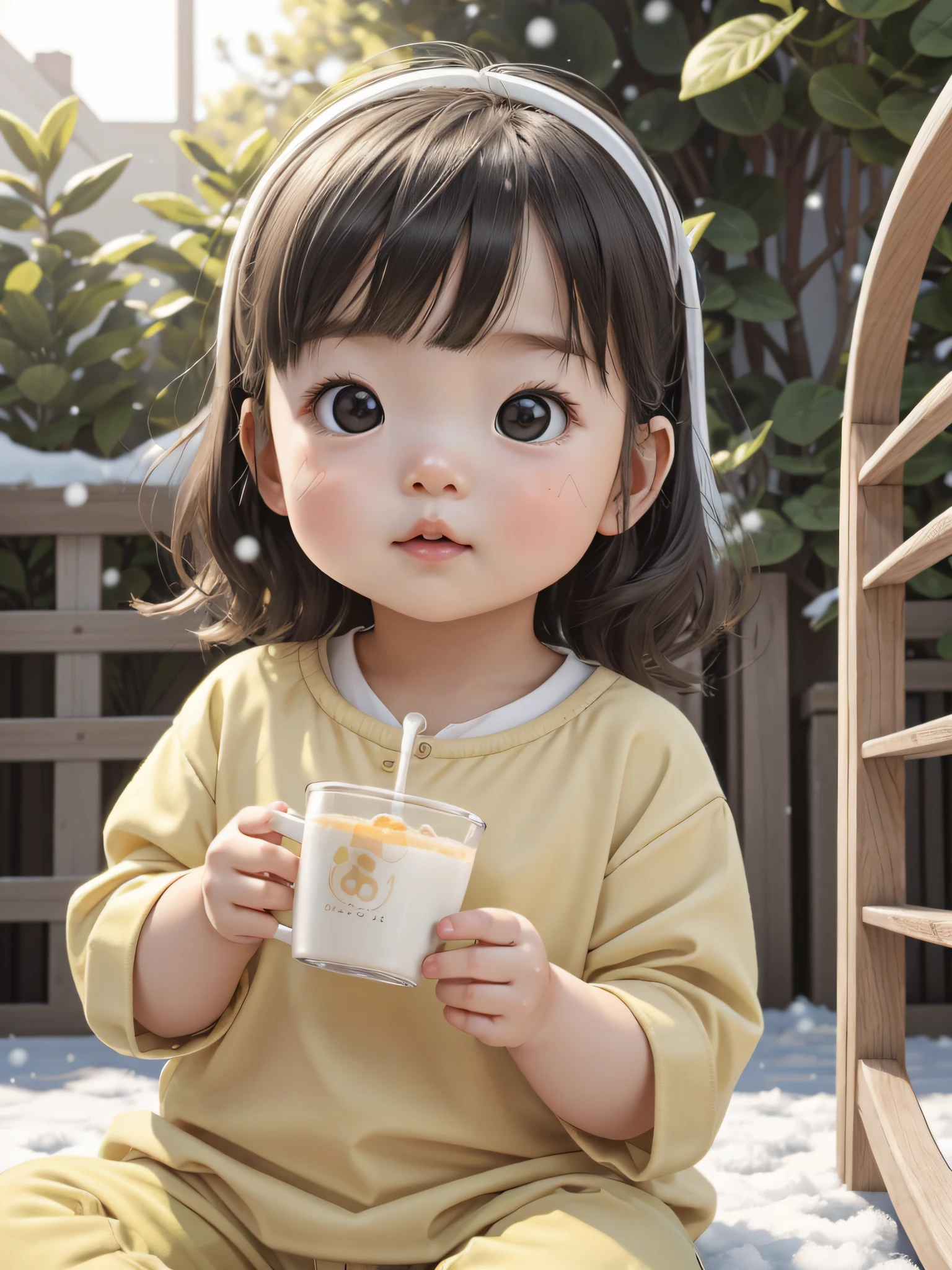 Best quality at best，1girll， a baby face，Neon colored clothes，Drinking milk tea ， adolable， C4D，This cute baby face appears on a young girl。Her face is petite and delicate，It reveals an atmosphere of youth and innocence。Her complexion was as white as snow，It appears pure and transparent in sunlight。