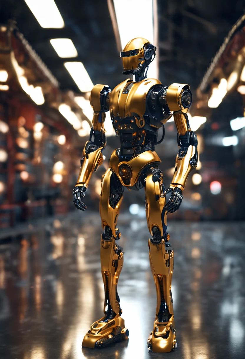 Create a futuristic friendly robot full body, blue led face and smile, gold and black color body, with arms, legs and foot, no background image
