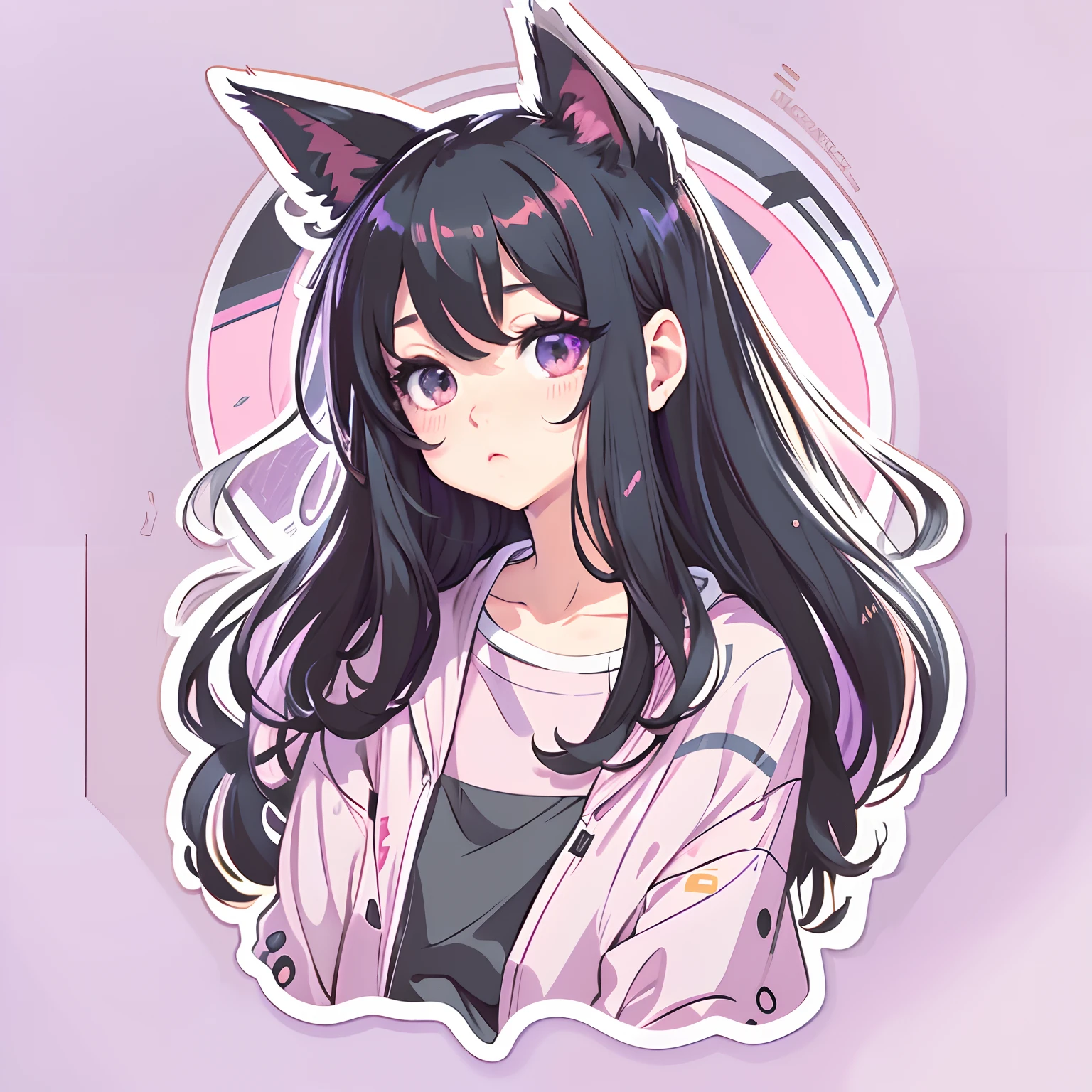 Sticker, Cute anime girl head, Long black hair,Purple eye,pouty,cute clothing,Black cat ears,in circle, White background, Pink border,Simple, Ultra detailed, Detailed drawing, vectorised, Silhouette, 8K, professional sticker design, Flat design, Vector lines, Sticker, Drawing, Drawing, Full-HD