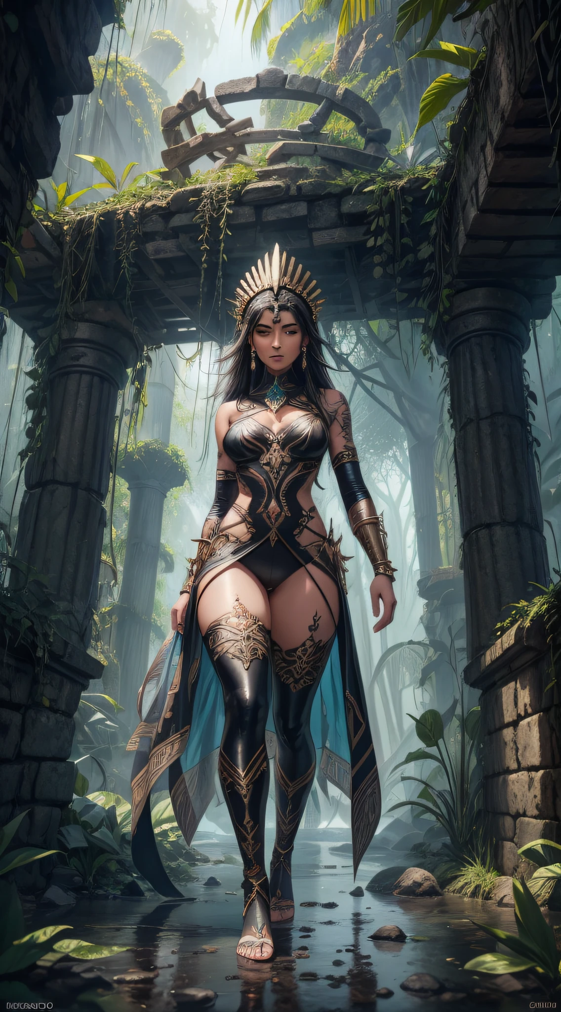 foto realista de (selvagem, Tribal, selva)_Vampiro [cabelos brancos|cabelos pretos], pele de morcego, casaco|Asas, ((Presas)), extremamente_circunstanciado_(Tribal, selva)_Apertado_(Lacy, couro, pele, seda, cetim, latex)_(garments, saia), gola alta, Rosto detalhado, Olhos bonitos detalhados, Alunos de fenda, metallic reflections, ((tatooed, marcado)_com_shining_Runas)_encaixar_musculoso_corpo, pele brilhante, seios grandes,  fog of the ruins of the tropical city, 1girl, Seios naturais,   (master part, best quality, Beautiful and Aesthetic:1.2, Arte Fractal:1.4 )
