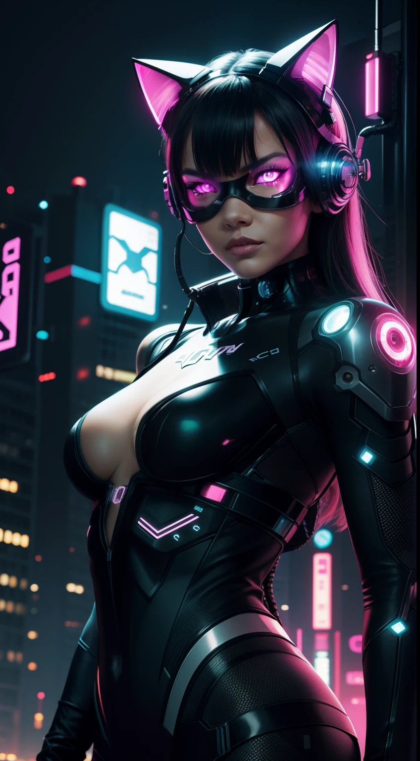cyborg, cat-face, cyber-city-background, neon-light, cool