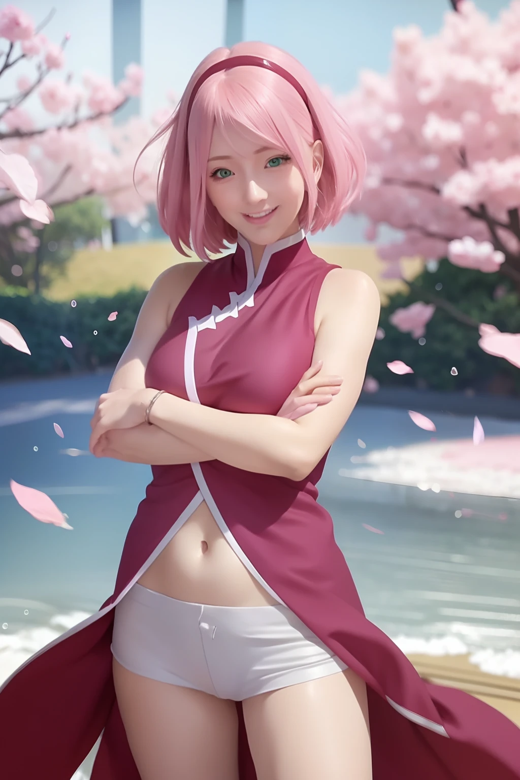 1girl, sakura in anime naruto, short hair, sexy dress, pink hair, green eyes, smile, beautiful, pink clothes, very big breast, sexy clothes, realistic clothes, detail clothes, indoor wallpaoer, wallpaper realistic, wallpapaer detail, indoor background, ultra detail, realistic