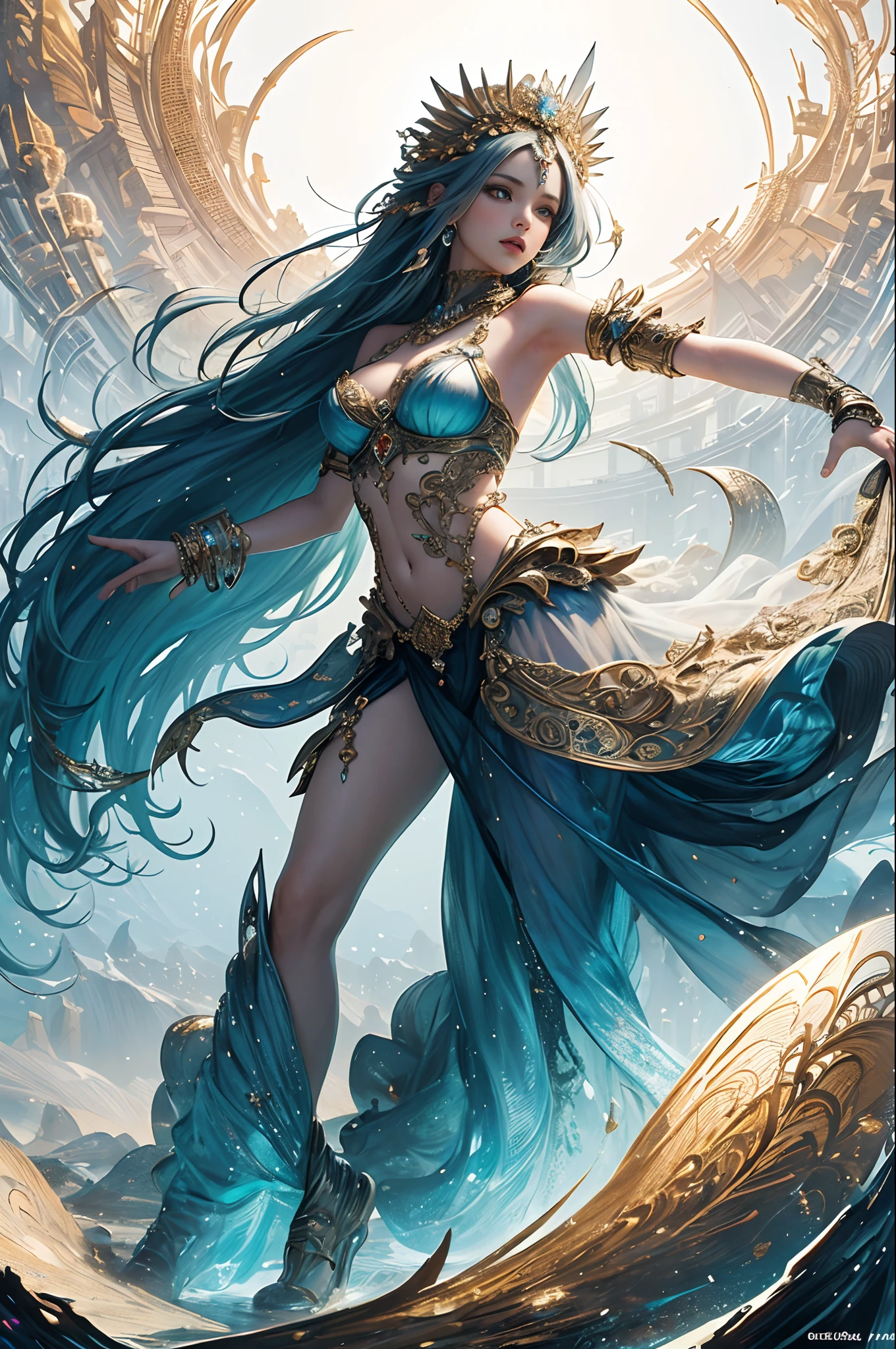 (masterpiece, top quality, best quality, official art, beautiful and aesthetic:1.2), (1 fantasy girl), long shapeless hair, extremely detailed, ornate jewellery,( fantastical background), dynamic pose, (fractal art:1.3),colorful,highest detail.