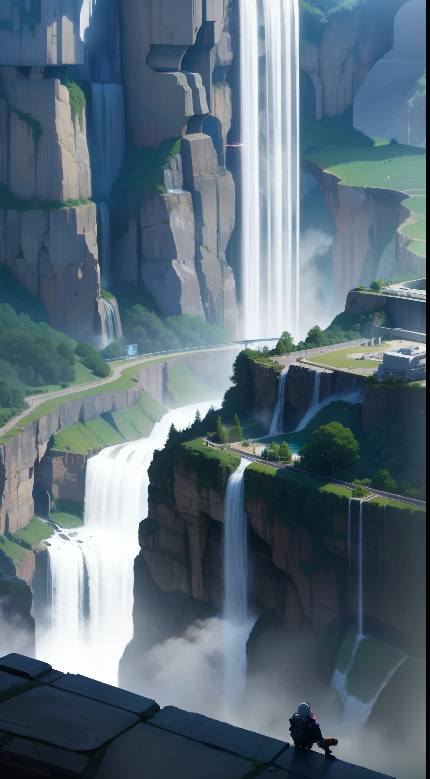 Overlooking the Mega Falls，A cyberpunk city hidden in a waterfall，There was a plane coming out of the waterfall