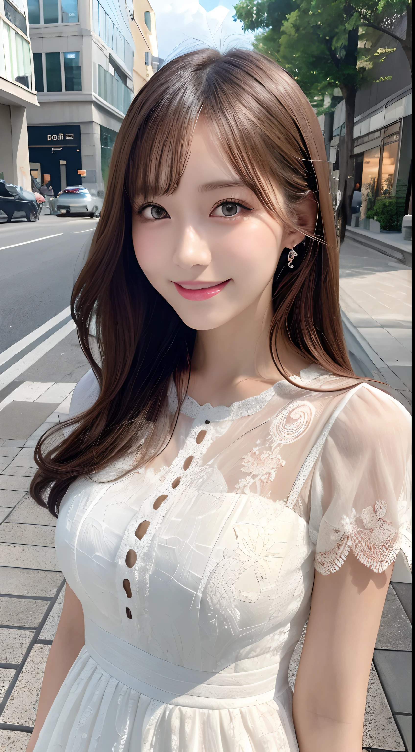 masutepiece, Best quality, illustration, Ultra-detailed, finedetail, A high resolution, 8K wallpaper, Perfect dynamic composition, Beautiful detailed eyes, summer dress,Medium hair, Brustwarzen, Natural color lips, Random and sexy pose,Smile,Aoyama Street Walkway、20 years girl