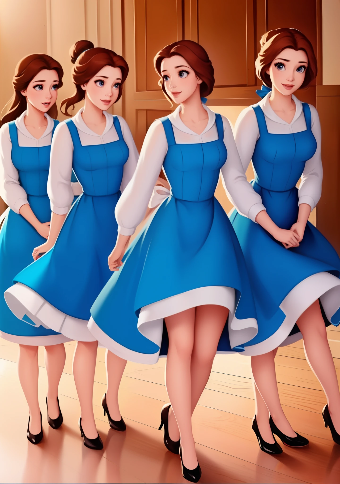 (BelleWaifu:1), (blue dress, apron, single hair bun), 5girls, group, quintuplets, clones, matching hairstyle, matching outfit, matching face