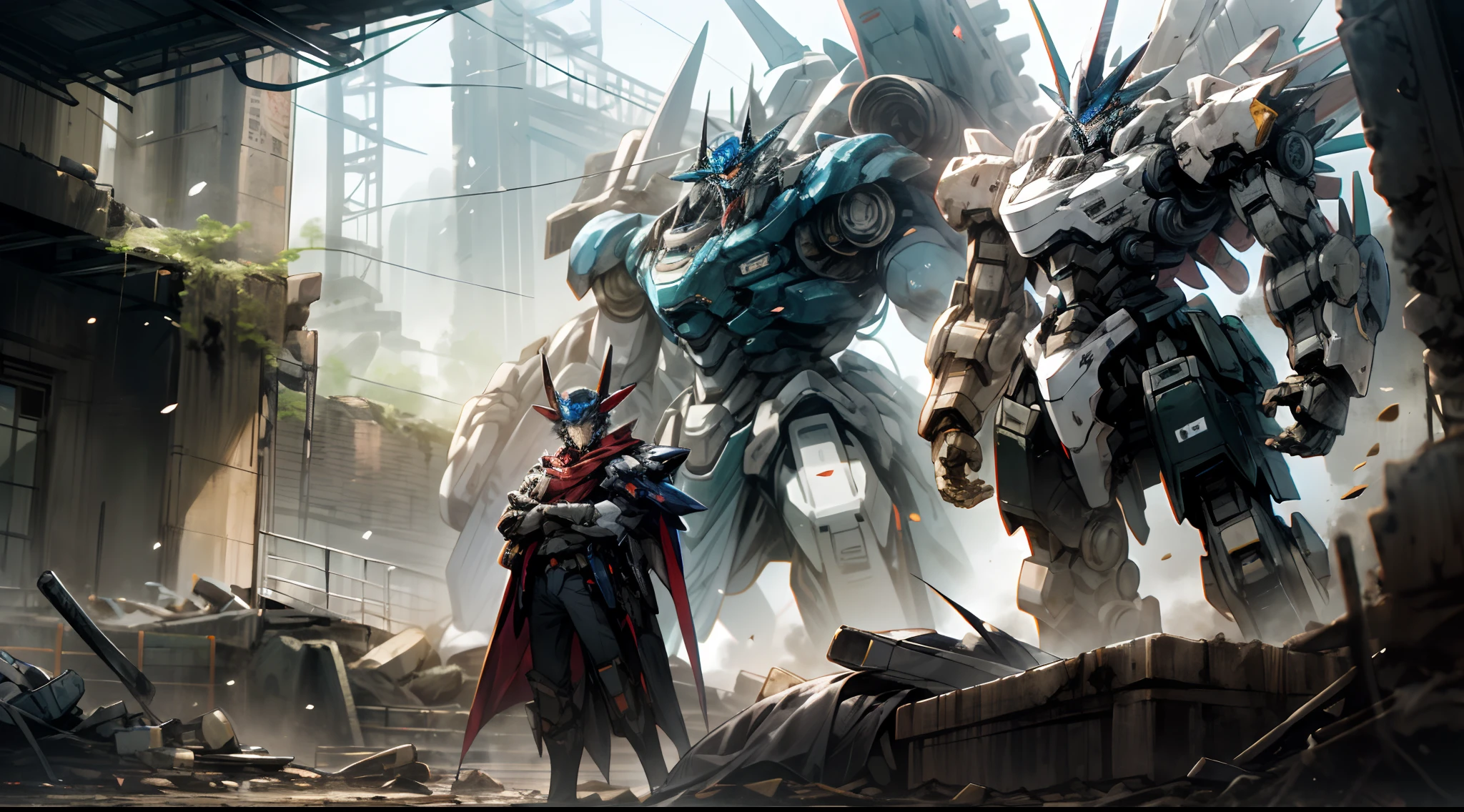Pacific Rim style，Western paladin style，mechs，The body is damaged，Standing in the ruins，lottalewdsLargeMecha，Sense of oppression，nigth，A mech，Elevation viewing angle