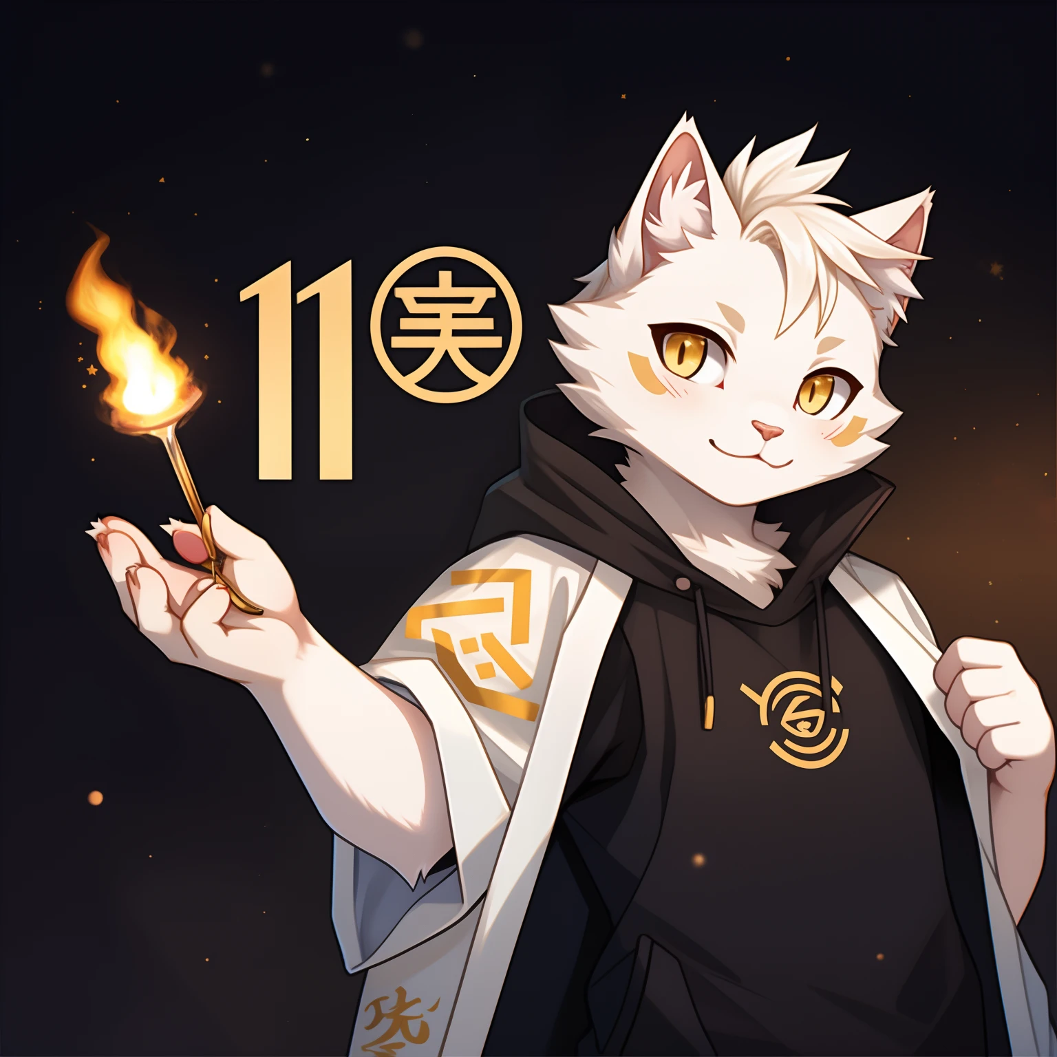 There is a little white kitten holding a golden logo，Face the screen with a cute expression，Yellow eyes，White cat cat paw meat pad