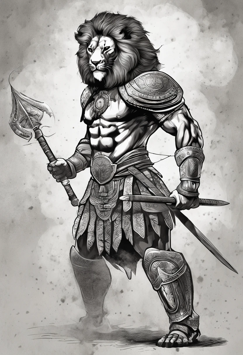 A lion with a sword in his hand standing in the fog, carregando espadas nas costas, lion holding spear, Image of an adult male warrior lion, guerreiro segurando duas espadas, lion muay thai fighter, guerreiro poderoso, roupas de muay thai segurando chicote, Corpo guerreiro, holding a spear, guerreiro lutando em uma cena sombria, guerreiro masculino, guerreiro animal, carregando uma espada, luz traseira forte e estranha