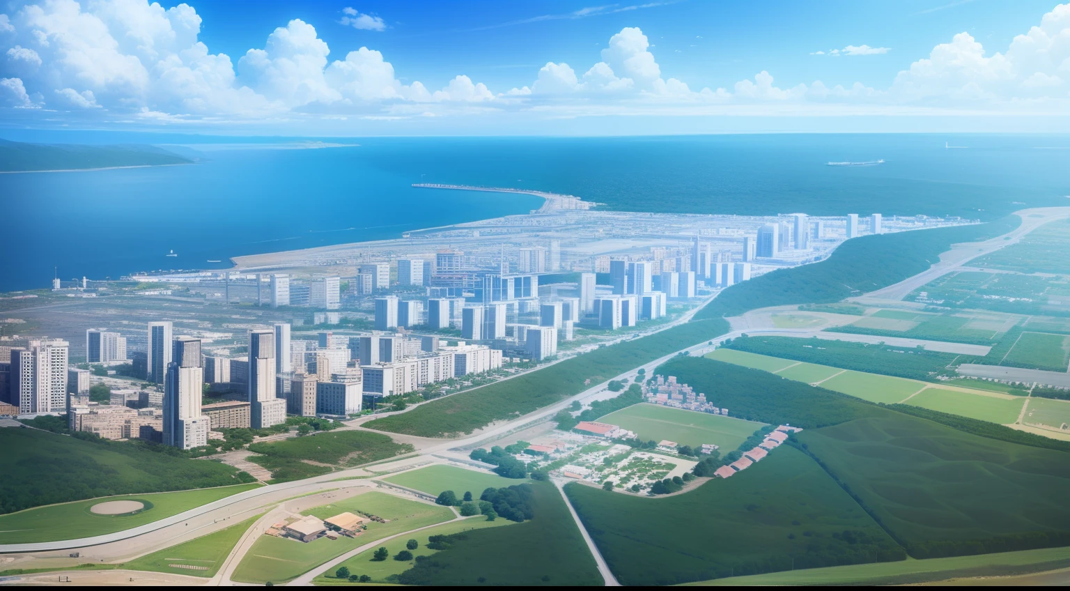 Medium-sized city, Lago Grande, Rural industry, montanha no fundo, dia, no skyscrapers