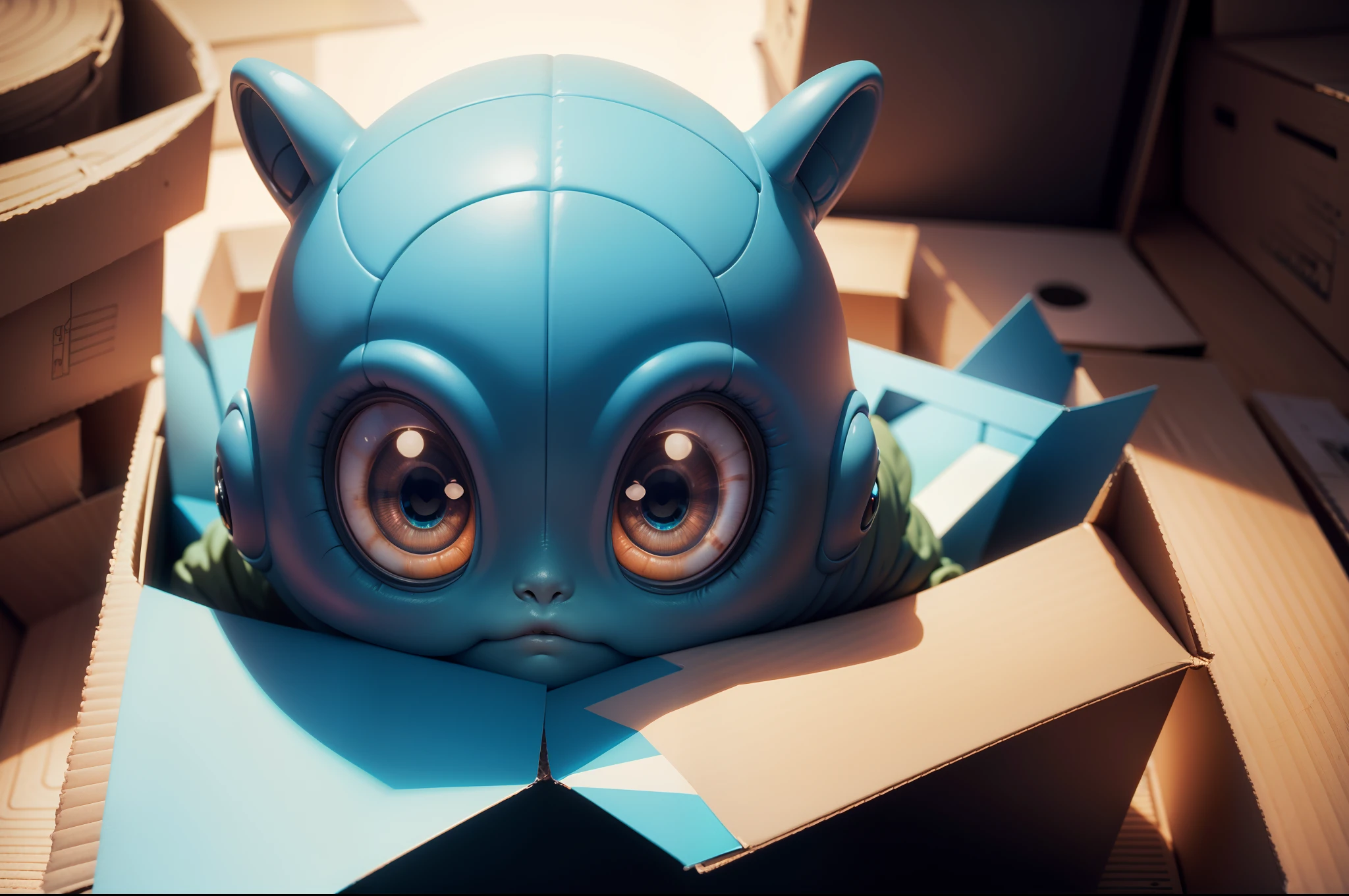 A cute alien rearing the top of his big head out of a very big cardbox. Colorful image. Highly detailed. Photorealistic.