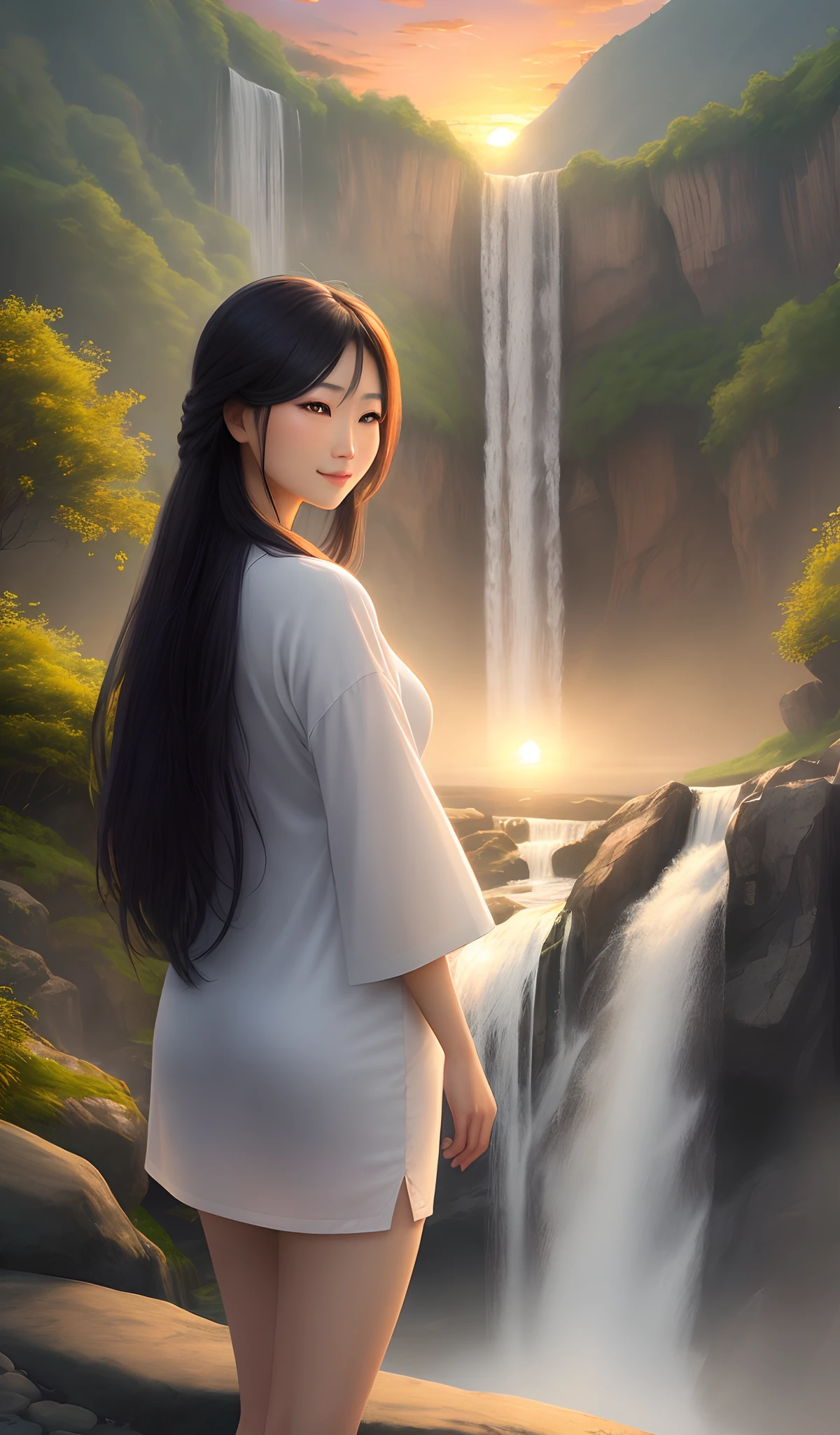 A beautiful realistic Asian woman looking at the sunset and a waterfall