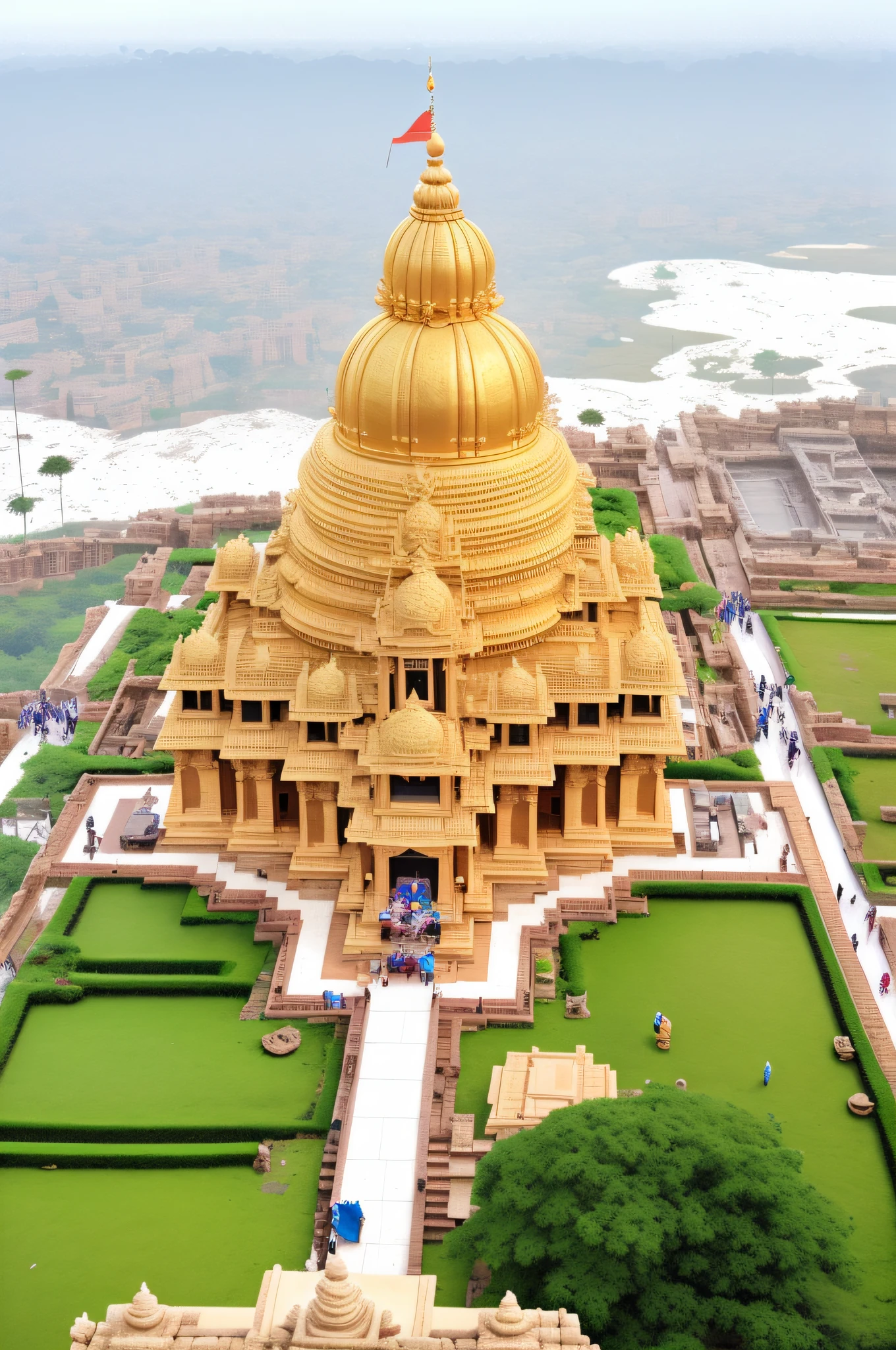 arafed view of a large building with a golden roof, indian temple, viewed from bird's-eye, beautiful image, above view, kailasa temple, top, tourist destination, seen from above, full - view, masterpiece', the grand temple of flowers, large temples, bangalore, temple, vastayan, viewed from above, view from above, shaved temple