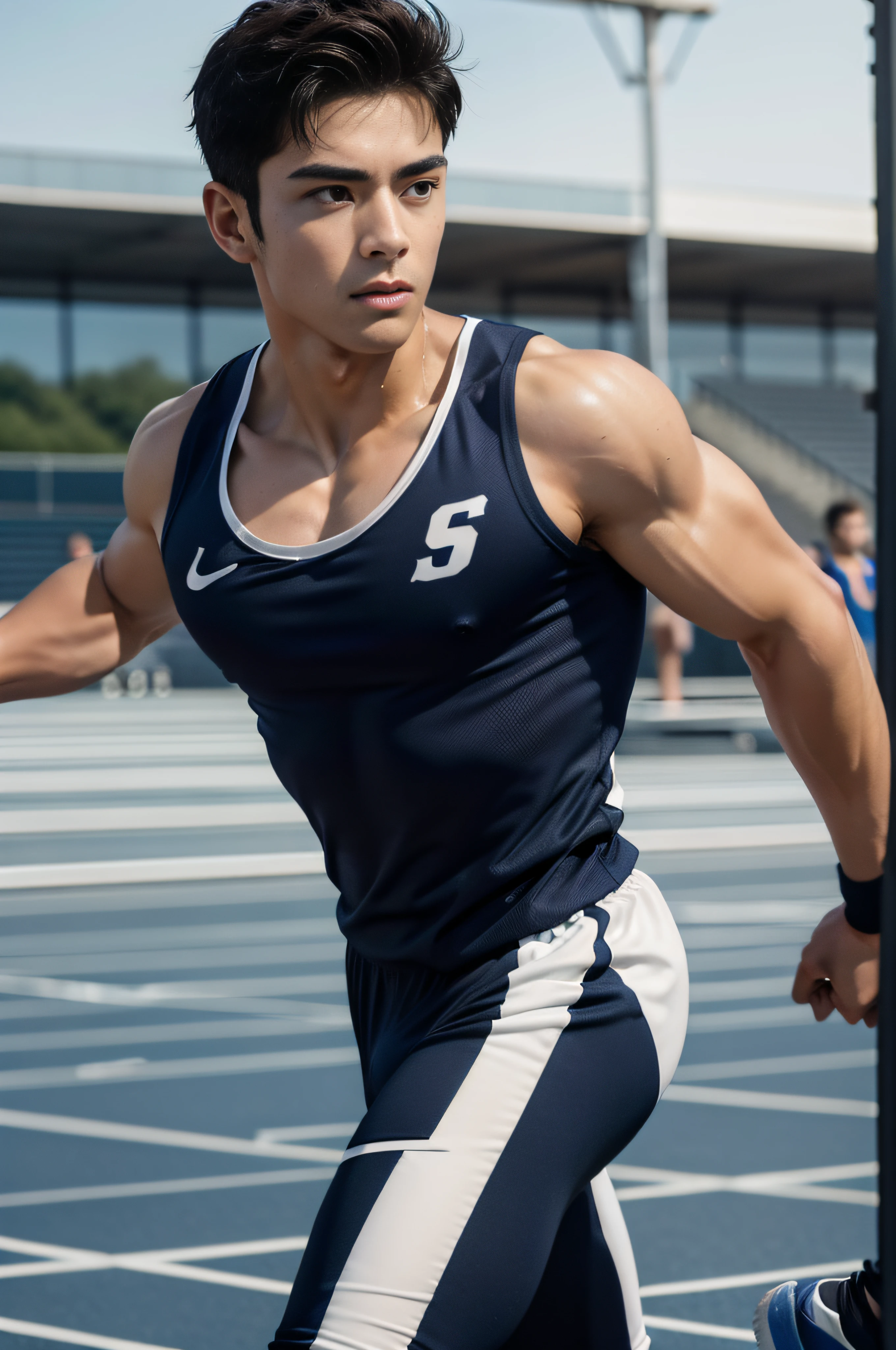 Boys on the track and field，sweat leggs，Photos during exercise，in track outfit，Run，Masculine，Exquisite facial features，virile，musculature，rich facial detail（（The crotch is raised））closeup cleavage