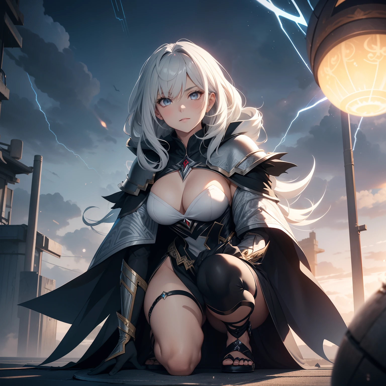 (masterpiece, best quality, photorealistic, cinematic), wide shot, from above, anime girl, short silver spiky hair, ((anime girl is crouching on a roof top with a glowing white ball in her hands)), ((floating glowing white particles in the air)), perfect hands, nice hands, seaside, sunset, artgerm and atey ghailan, electricity surround her, 2. 5 d cgi anime fantasy artwork, in the art style of mohrbacher, ((the thunder sorceress casting a thunderball)), artgerm and rossdraws, wreathed in electricity, rossdraws global illumination, thunder spell, clad in a regal, flowing robe woven with patterns resembling lightning bolts in shades of silver and gold, a billowing, asymmetrical cape of stormy gray complements her ensemble, adorned in a short-cut black outfit with accents of silver and red, woven into patterns resembling lightning bolts, accompanied by a billowing, asymmetrical stormy gray cloak