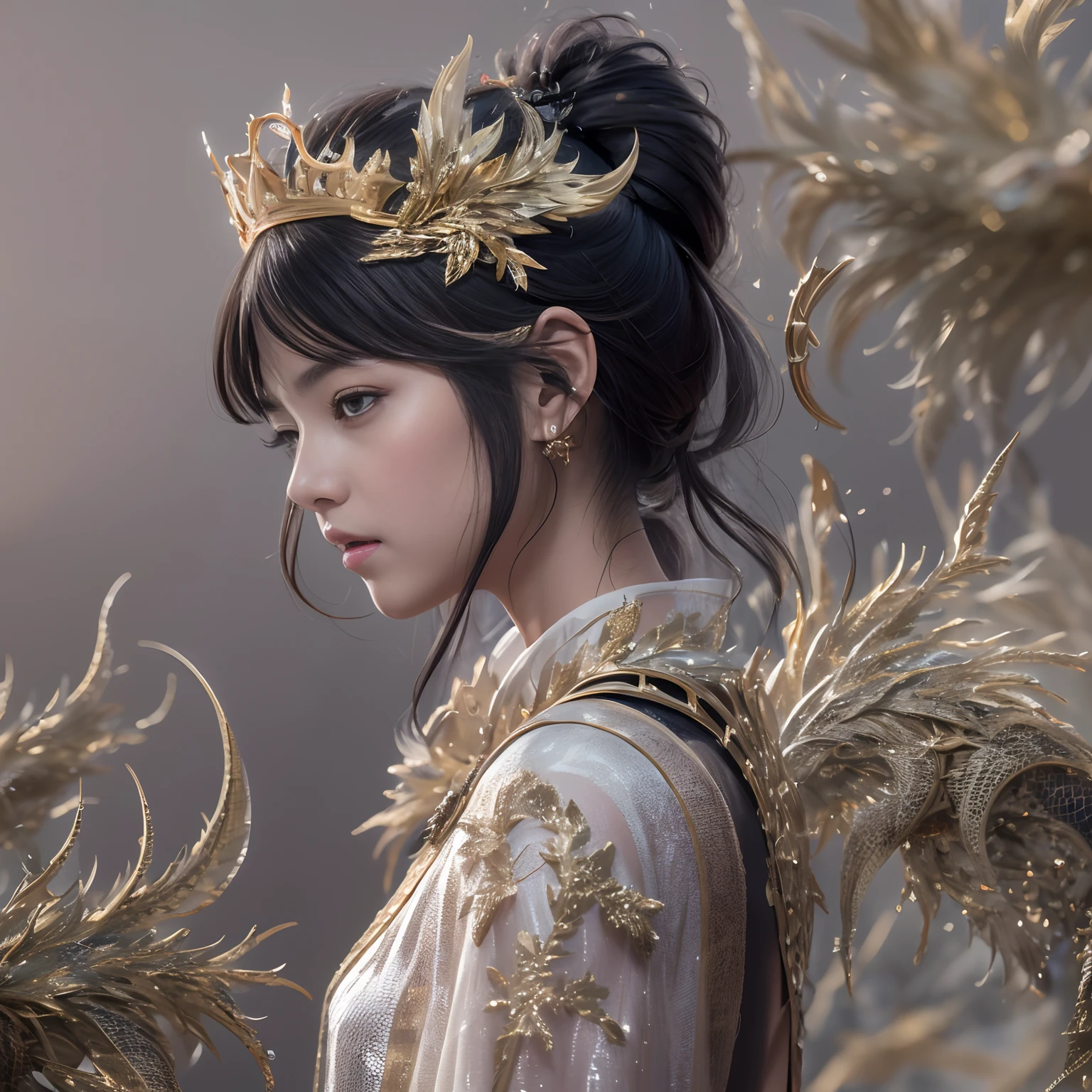 32K(tmasterpiece,k hd,hyper HD,16k)with short black hair,Back basement,Black burgundian hair girl ,Golden Dragon Protector (realisticlying:1.4),Python robe,Purple-pink tiara,Snowflakes fluttering,The background is pure, A high resolution, the detail, RAW photogr, Sharp Re, Nikon D850 Film Stock Photo by Jefferies Lee 4 Kodak Portra 400 Camera F1.6 shots, Rich colors, ultra-realistic vivid textures, Dramatic lighting, Unreal Engine Art Station Trend, cinestir 800,Close-up of the side of the half