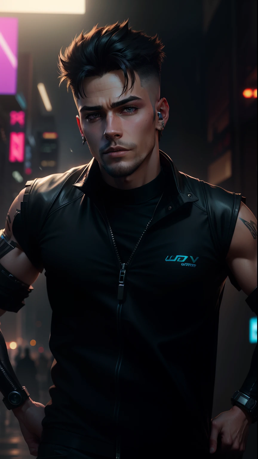 Ultra wide angle，masterpiece, best quality, high resolution, Portraits,blue eyes， male focus, solo focus, muscular, burly, hairy, male, (no shirt: 1.2), A handsome man, white and blue gradient hair, in a cyberpunk city, neon lights, blurred background, scruffy face, arrogant smirk, amazing composition, front view, HDR, volumetric lighting, ultra quality, elegant, highly detailed
