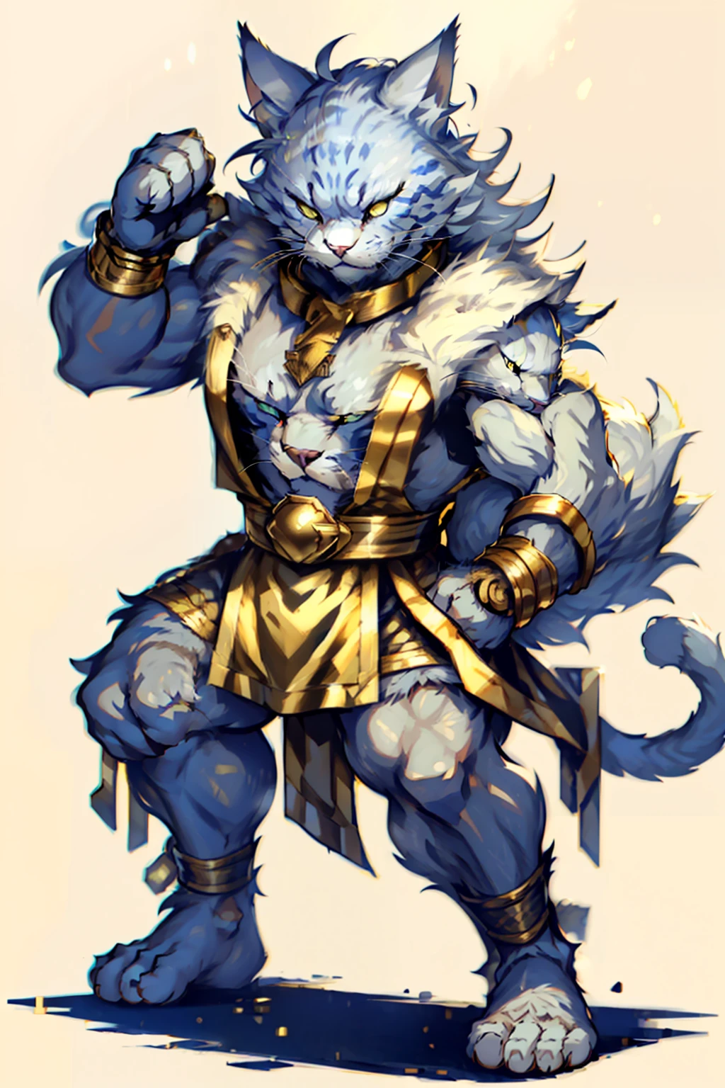 cat, cat face with whiskers, warrior, full body to toes and feet, topless, grey furry, fur covering all the body to toes and hand, claws, hands are cat paws, street fighter, random boxing pose, cat ears, gold collar around the neck, gold ankle bracelet, gold wristband, wearing a white vest, wearing boxing tights, white background,