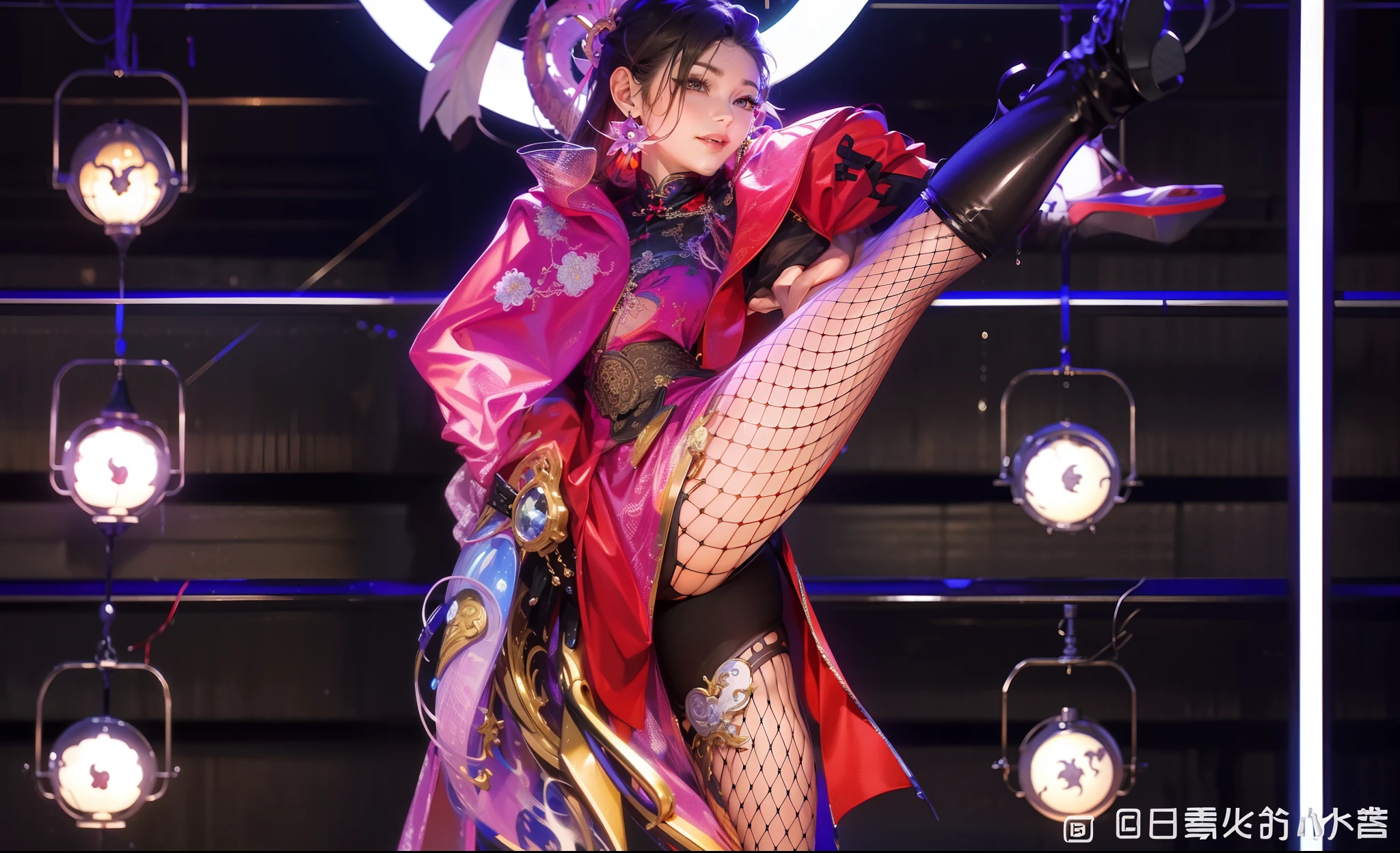 Masterpiece, High detail, High quality, Beauty high legs, Mesh stockings, The boots smiled beautifully, There is a Chinese dragon in the background