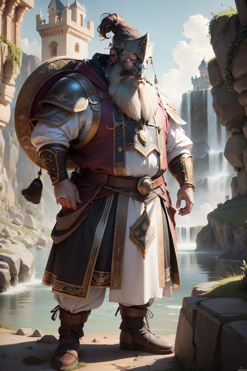Dwarf, armadura dourada, escudos de torre, decorado com uma barba frisada, cachos longos em cascata, gordo, realistic depiction, 4k resolution. Background Story: Paisagem de castelo, UHD 32k, melhor qualidade, master part, super detalhe, detalhes altos, mais roupas, 1,30m altura, braided beard, roupa branca, mais roupa, castelo, fantasia, armadura dourada.