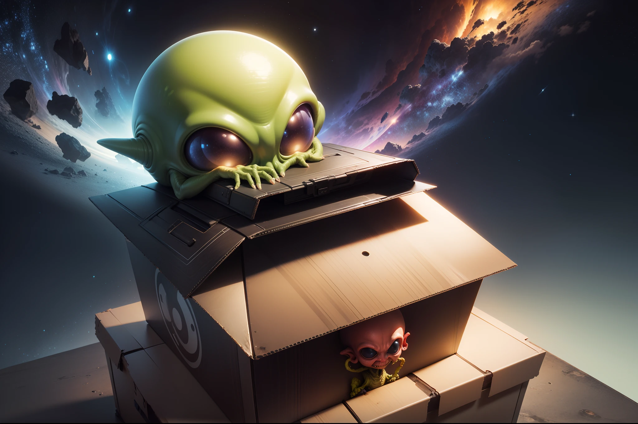 An alien rearing the top of his big head out of a very big cardbox. Colorful image. Highly detailed. Photorealistic.