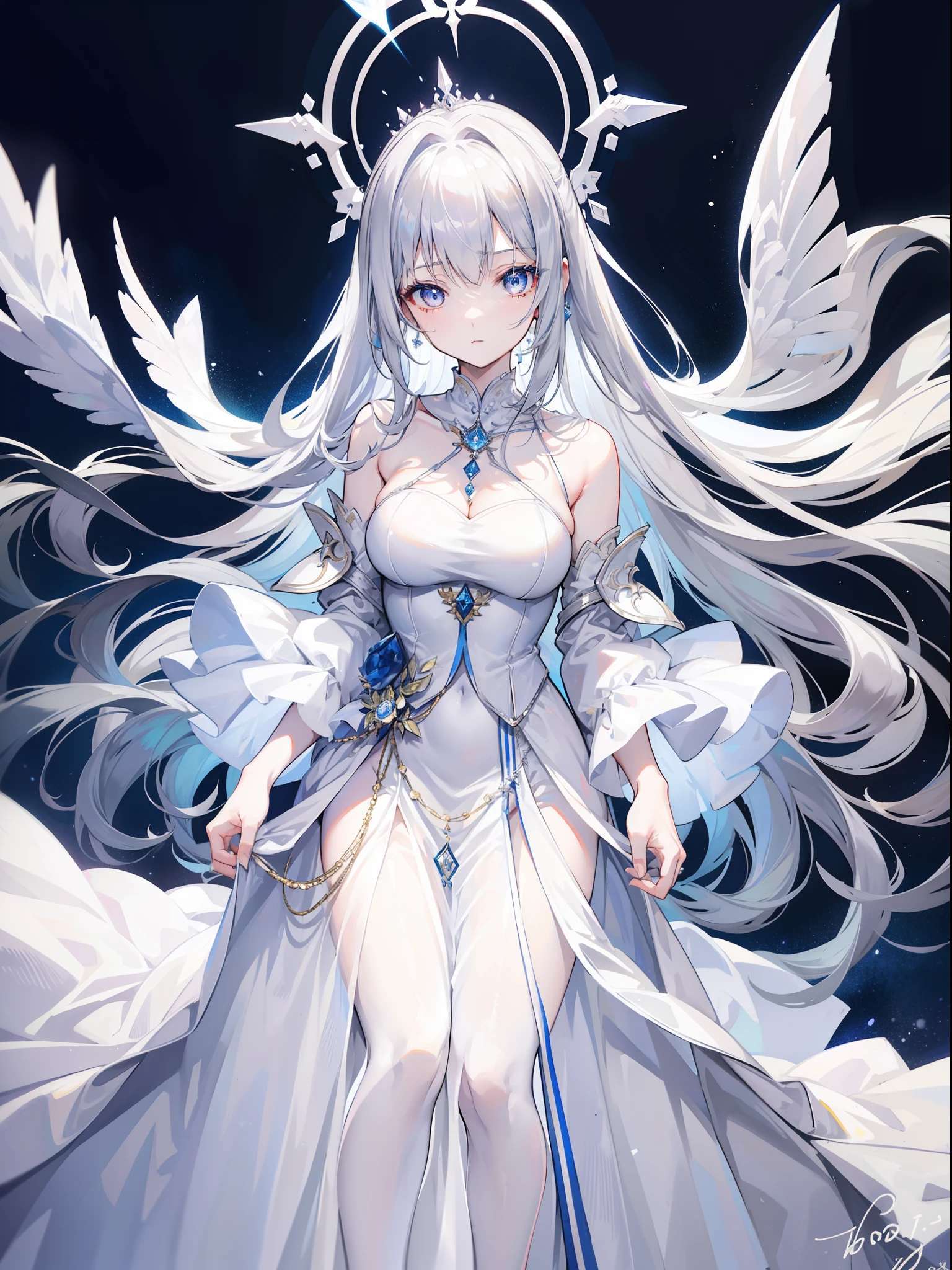 absurdres, RAW photo, extremely delicate and beautiful, masterpiece, Best Quality, ultra high resolution, 32k, hyperrealistic, ultra-detailed, perfect figure, detailed description, pale skin, 20 years old, detailed beautiful face and eyes, tearful mole, earring, short medium hair, wavy hair, full body, a ghostly ethereal female figure, delicate detailed facial features, long flowing white hair, pale skin, wispy ethereal dress, surrounded by a mystical glowing aura,